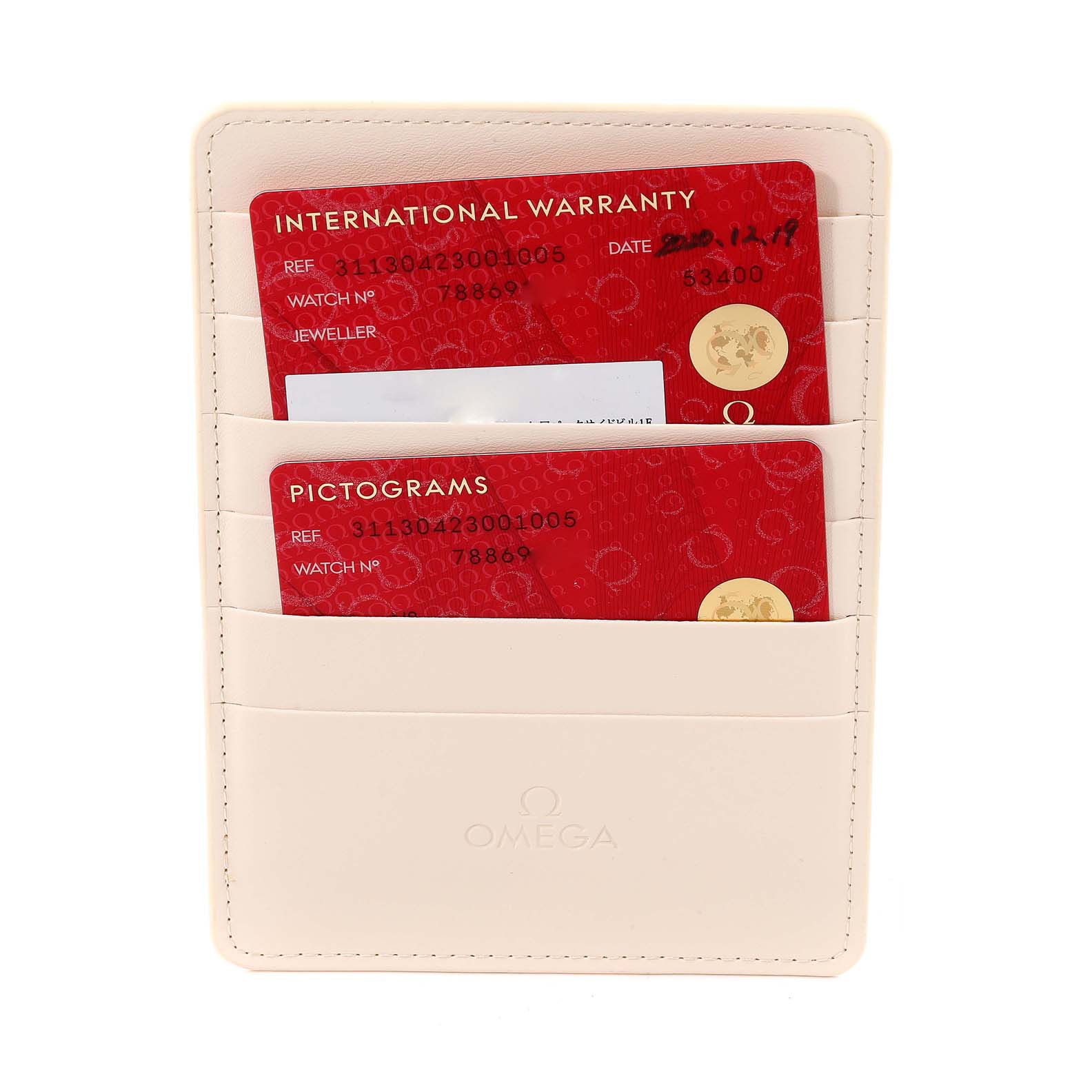 This image shows International Warranty and Pictograms cards for the Omega Speedmaster 311.30.42.30.01.005 Men's Stainless Steel Black Dial 311.30.42.30.01.005 Men's Stainless Steel Black Dial, held in an Omega-branded cardholder.