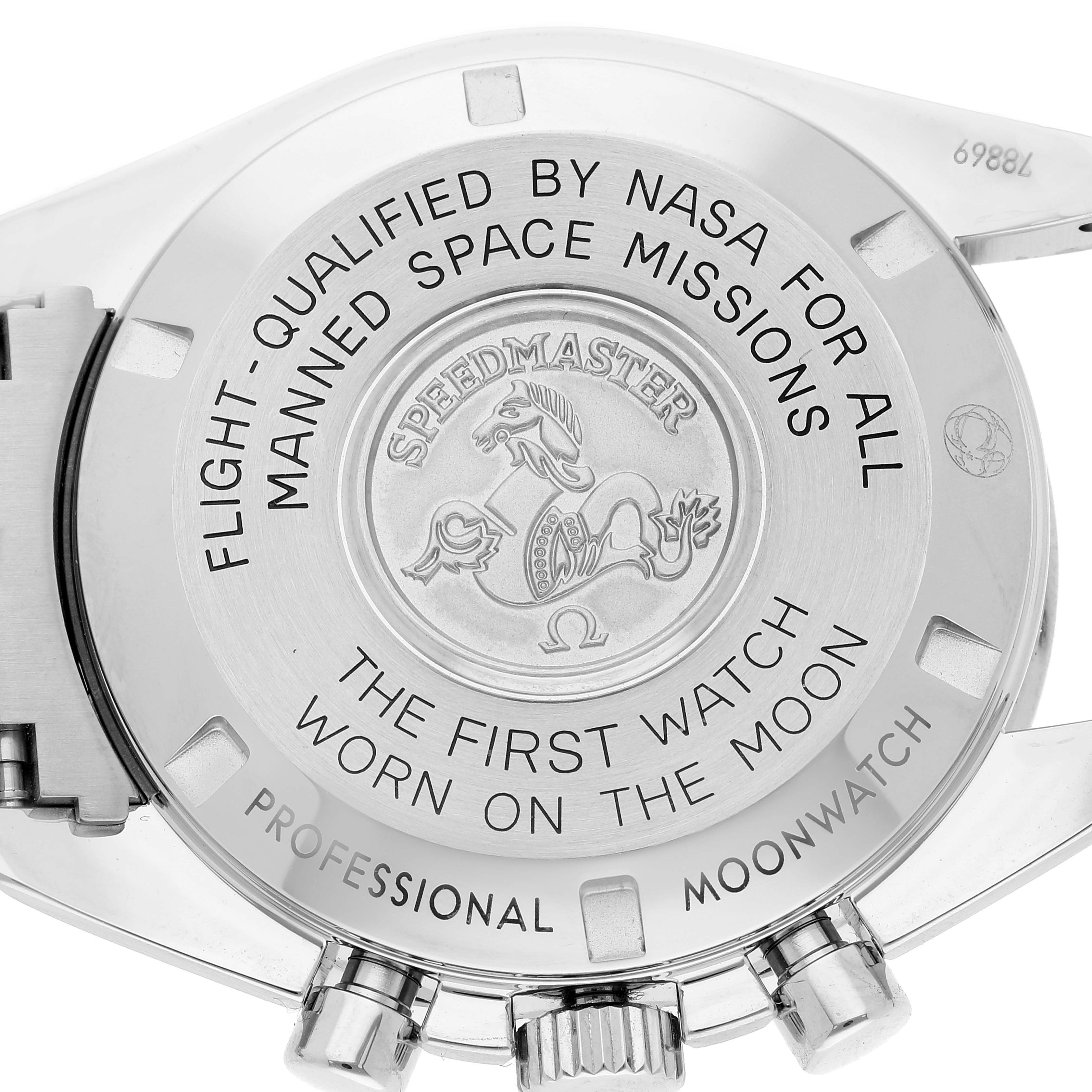 This image shows the case back of the Omega Speedmaster 311.30.42.30.01.005 Men's Stainless Steel Black Dial 311.30.42.30.01.005 Men's Stainless Steel Black Dial, including inscriptions, logo, and external knobs.