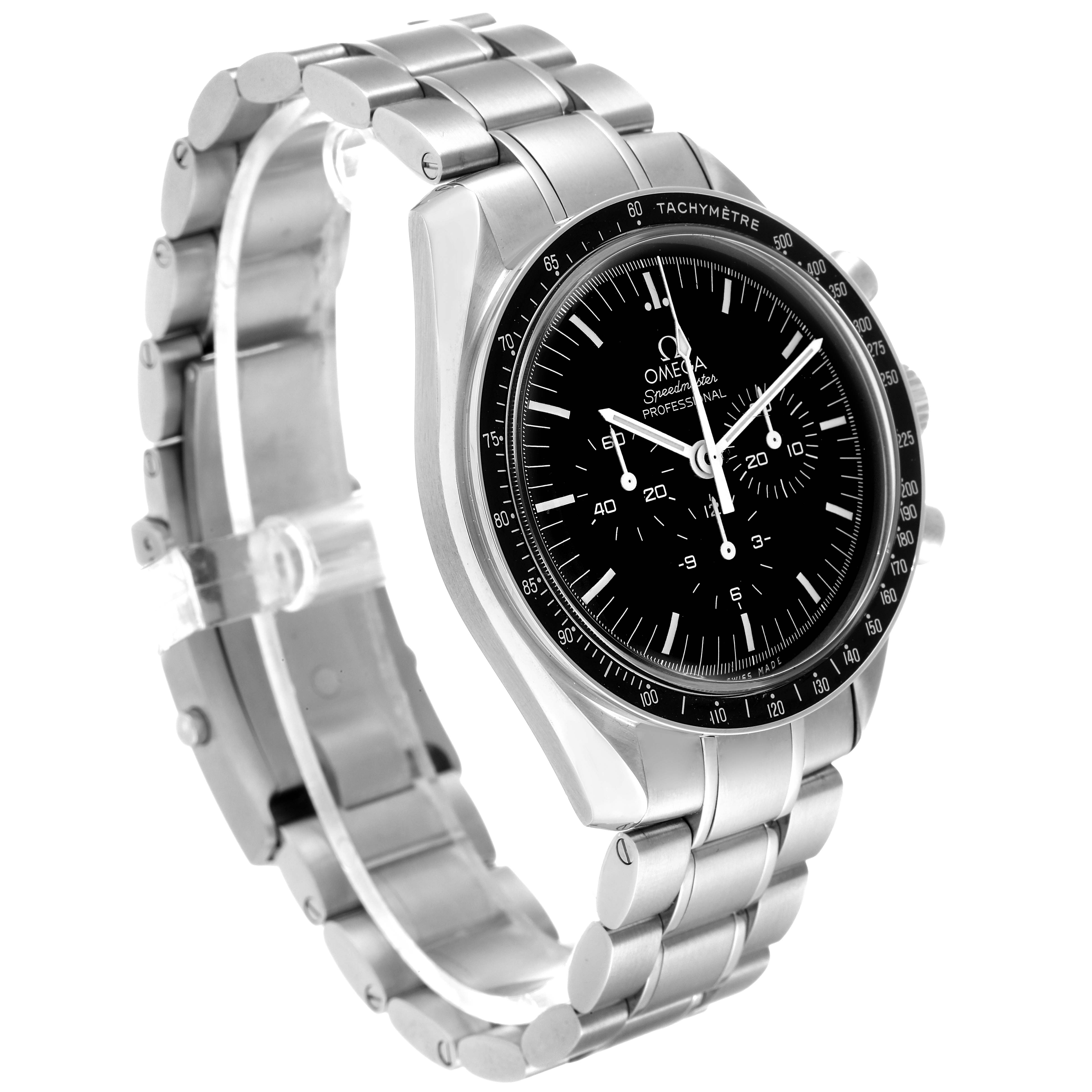This image displays an Omega Speedmaster 311.30.42.30.01.005 Men's Stainless Steel Black Dial 311.30.42.30.01.005 Men's Stainless Steel Black Dial watch from an angled side view, showing the face, bezel, and bracelet.
