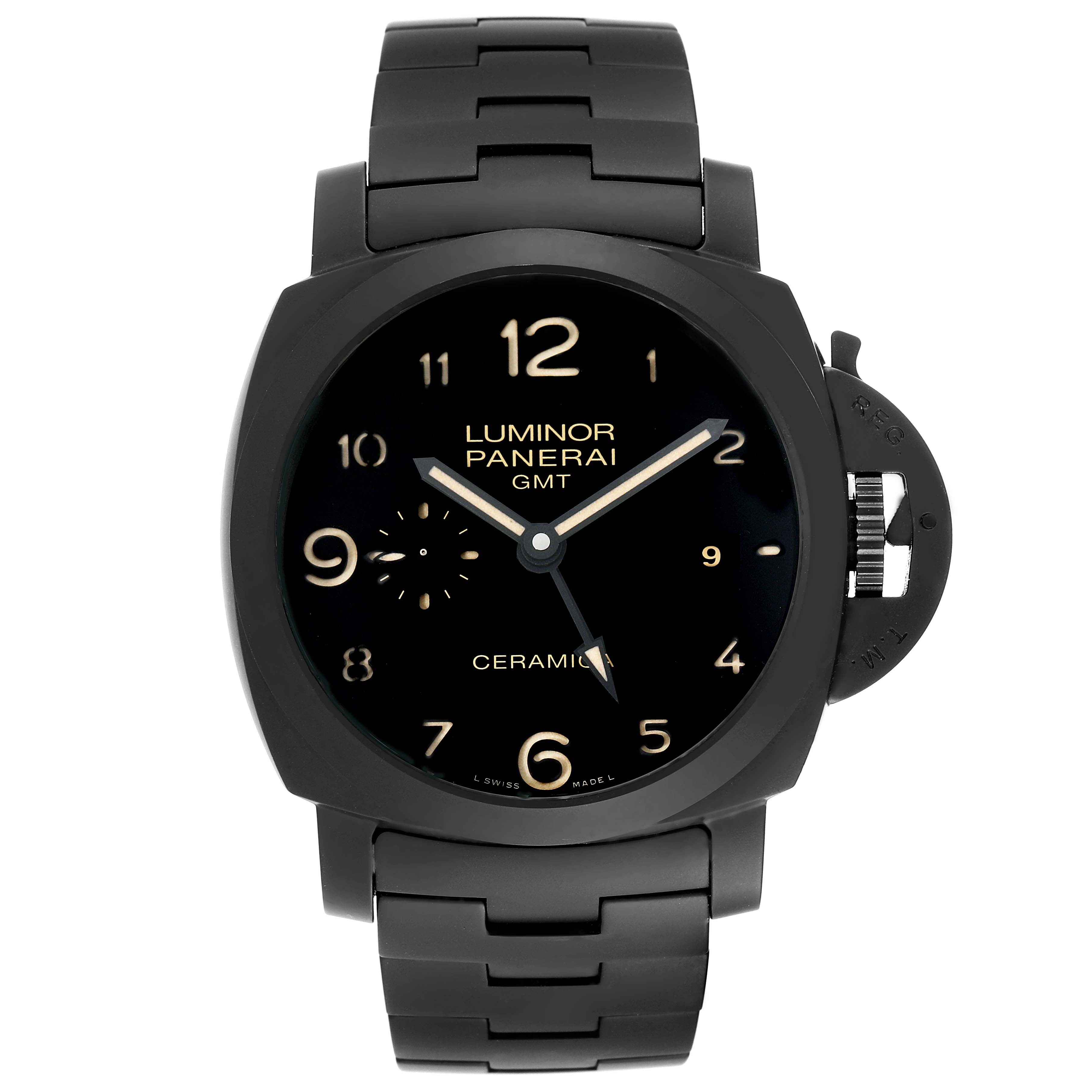 The image shows a front view of the Panerai Luminor PAM00438 Men
s Ceramic Black Dial PAM00438 Men
s Ceramic Black Dial GMT watch, highlighting the dial, case, and bracelet.