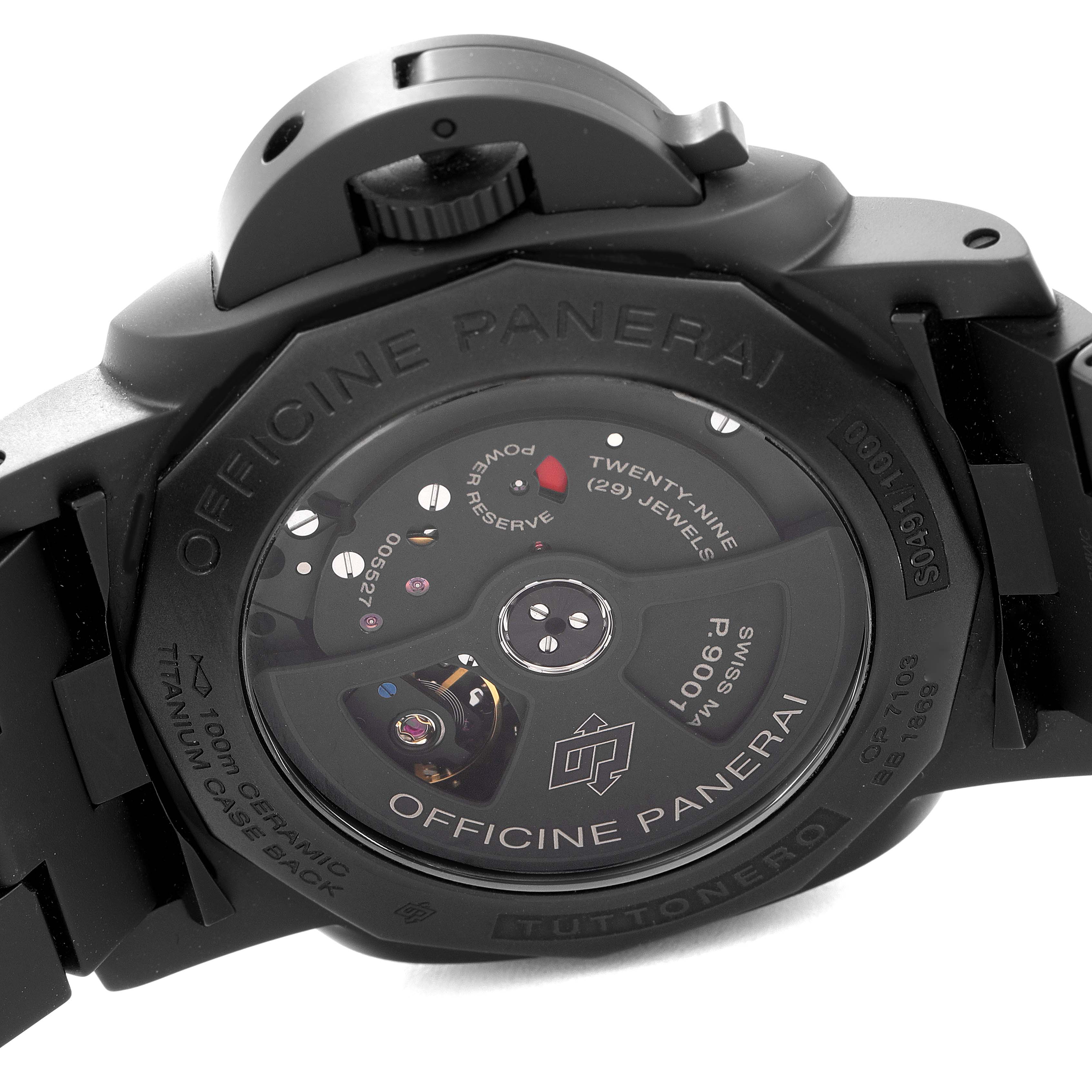 This image shows the back of a Panerai Luminor PAM00438 Men
s Ceramic Black Dial PAM00438 Men
s Ceramic Black Dial watch, revealing its movement and inner mechanisms.