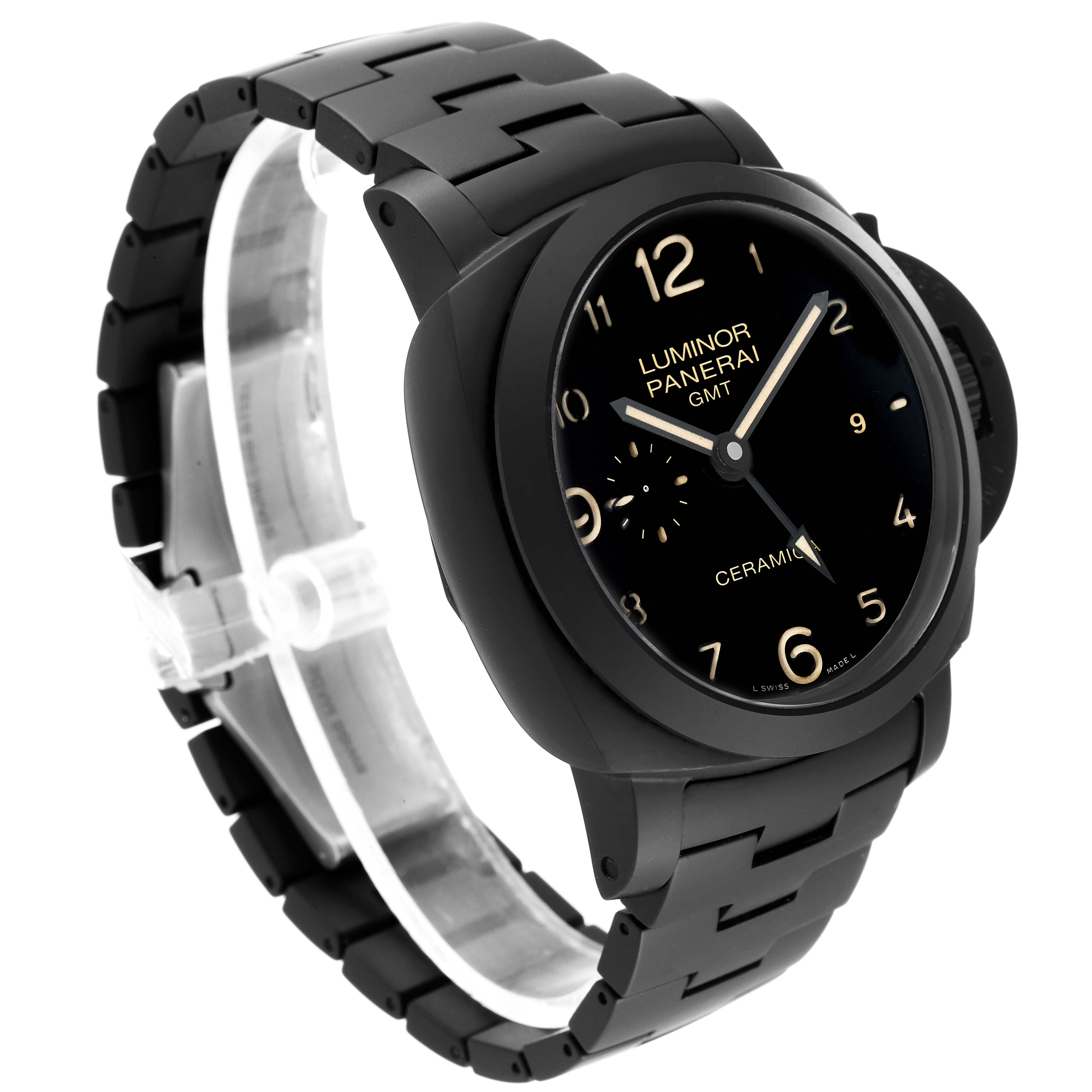 The image shows a Panerai Luminor PAM00438 Men
s Ceramic Black Dial PAM00438 Men
s Ceramic Black Dial GMT watch with a black ceramic case and bracelet, displayed at a three-quarter angle.