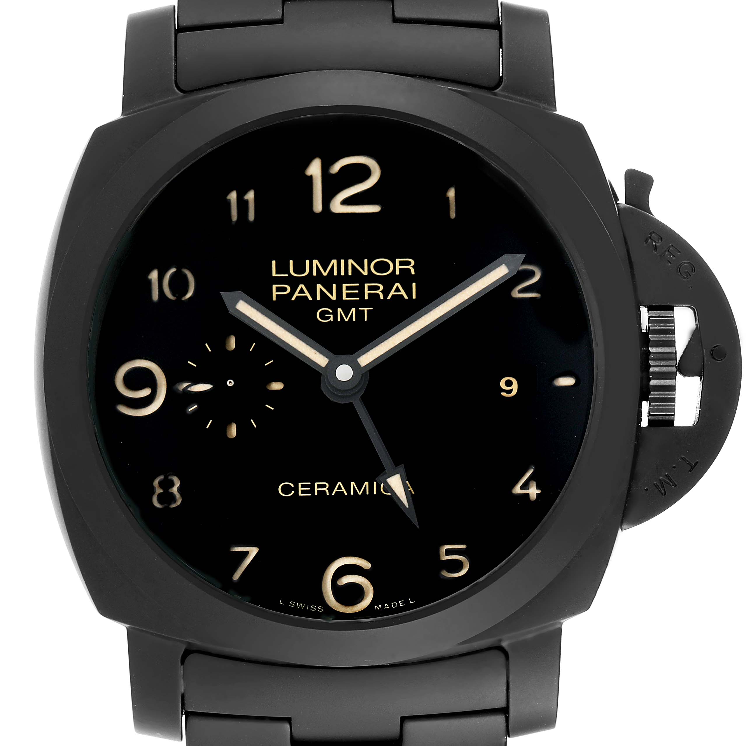 This image shows a frontal view of the Panerai Luminor PAM00438 Men
s Ceramic Black Dial PAM00438 Men
s Ceramic Black Dial GMT Ceramic watch, including the dial, hands, and casing.
