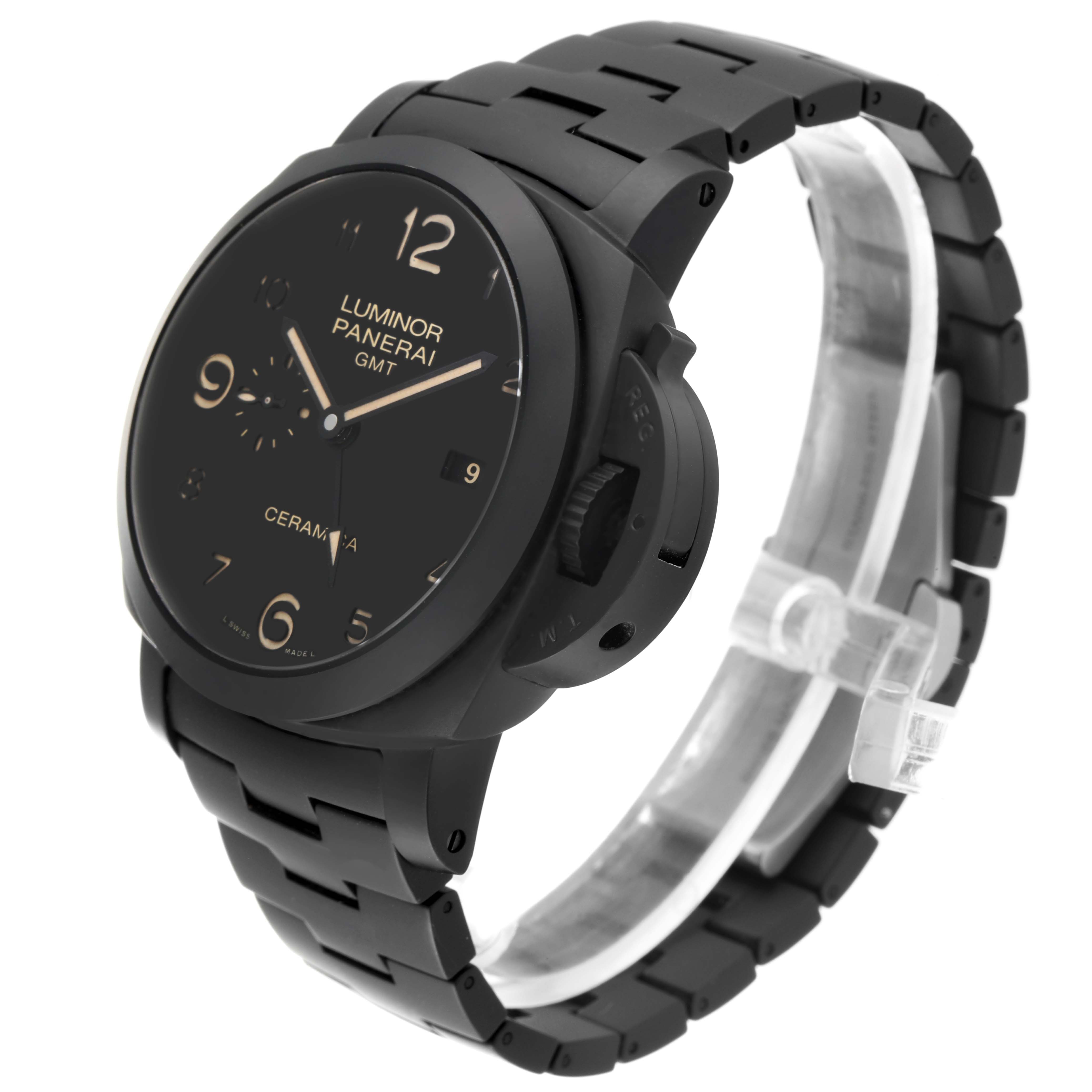 The image shows an angled front and side view of a Panerai Luminor PAM00438 Men
s Ceramic Black Dial PAM00438 Men
s Ceramic Black Dial watch, highlighting the face, strap, and crown guard.