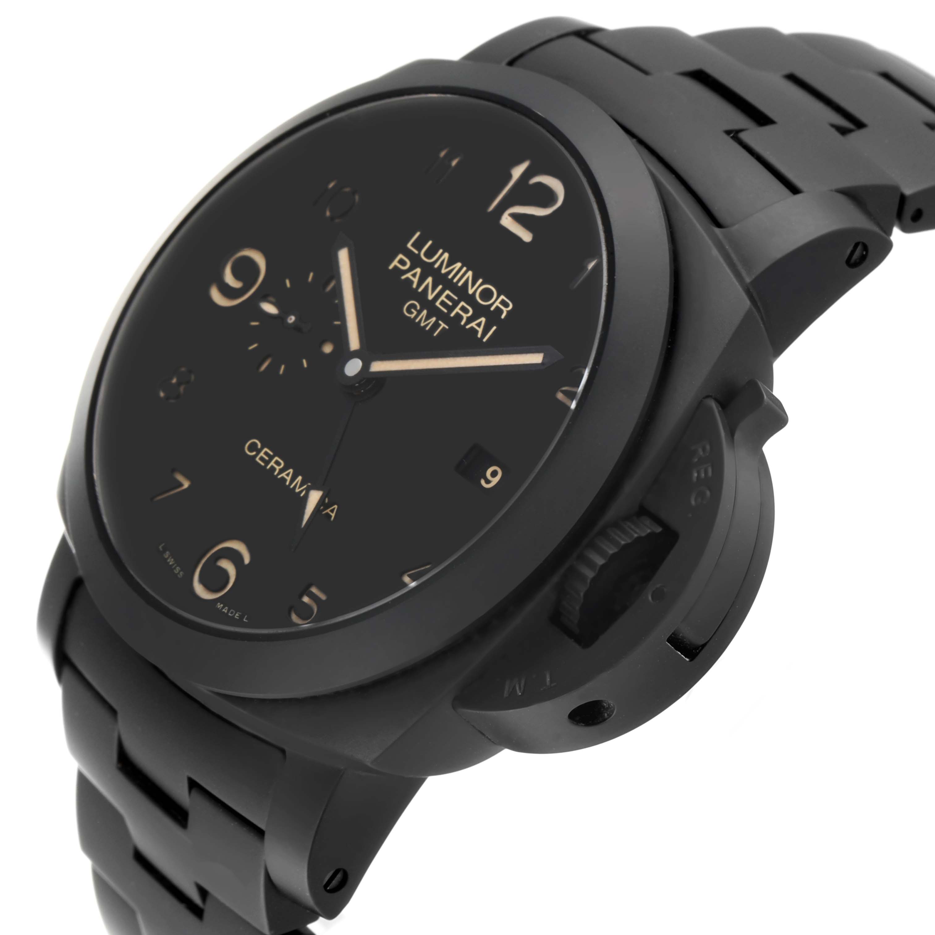 The Panerai Luminor PAM00438 Men
s Ceramic Black Dial PAM00438 Men
s Ceramic Black Dial watch is shown at a three-quarter angle, highlighting the dial, side crown guard, and bracelet.