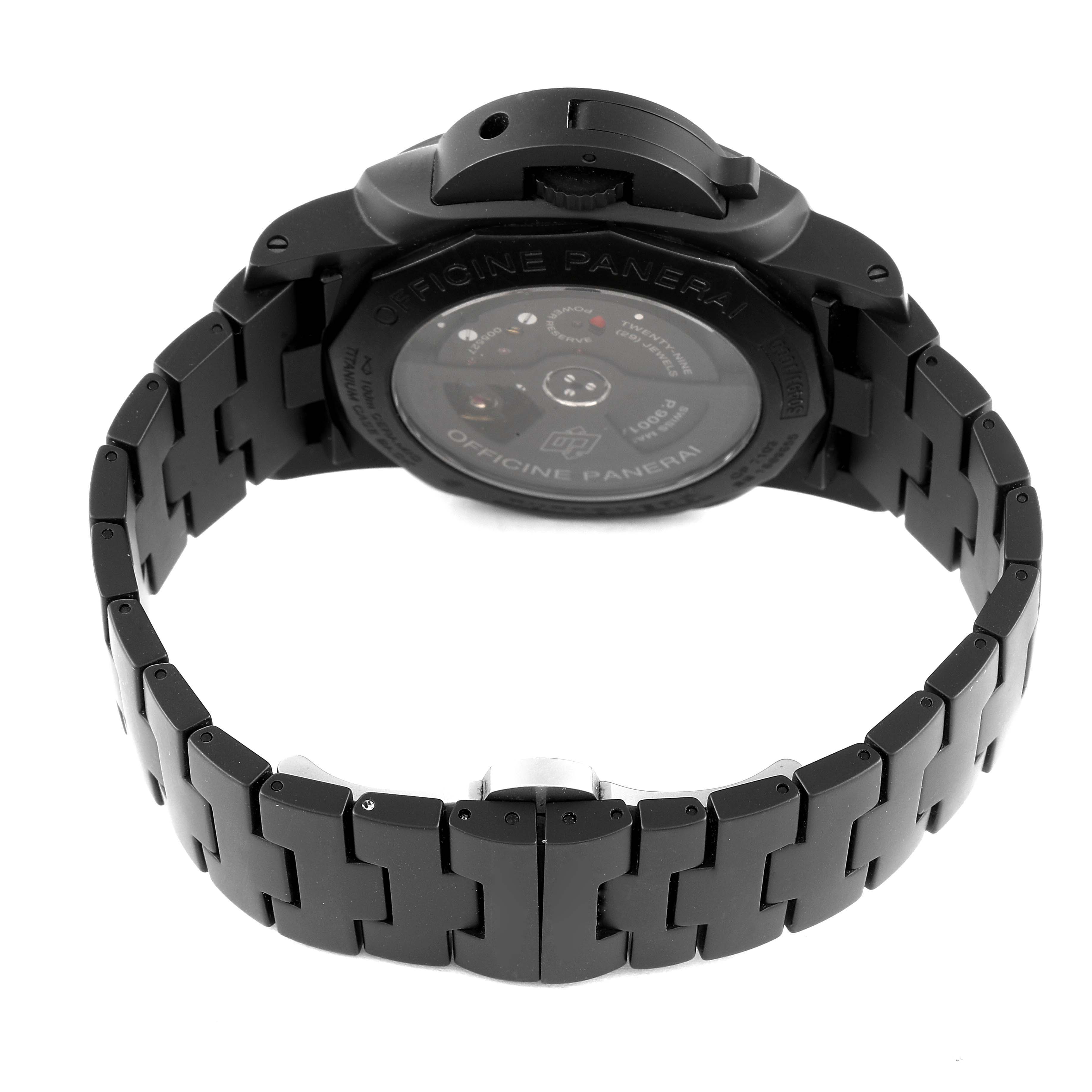 This image shows the back view of a Panerai Luminor PAM00438 Men
s Ceramic Black Dial PAM00438 Men
s Ceramic Black Dial watch, featuring its case back and black metal bracelet.