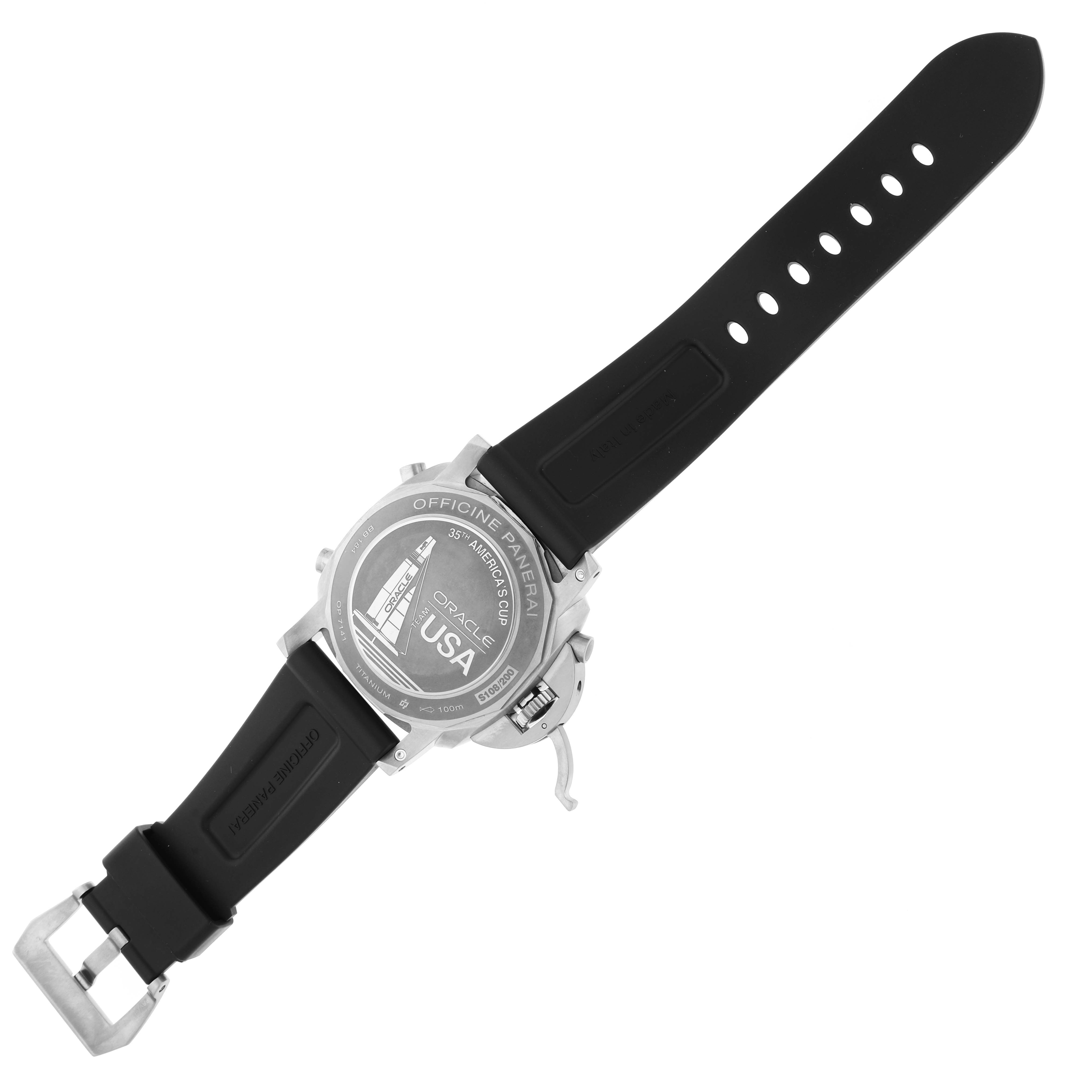 The image shows the back and strap of a Panerai Luminor PAM00726 Men's Titanium Black Dial PAM00726 Men's Titanium Black Dial watch, including the inscription on the case back.