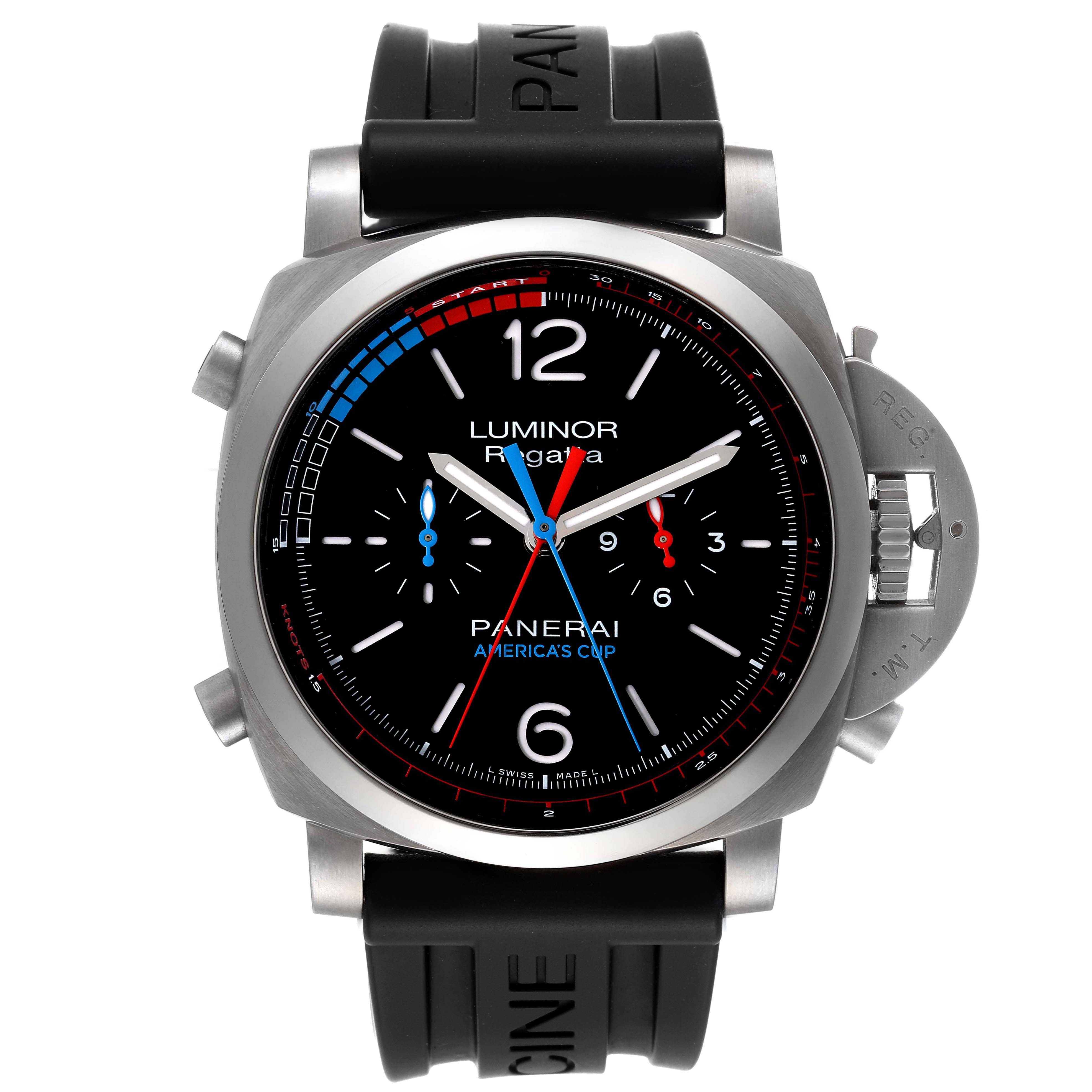 The image shows a front view of the Panerai Luminor PAM00726 Men's Titanium Black Dial PAM00726 Men's Titanium Black Dial Regatta watch, displaying the dial, case, and strap.