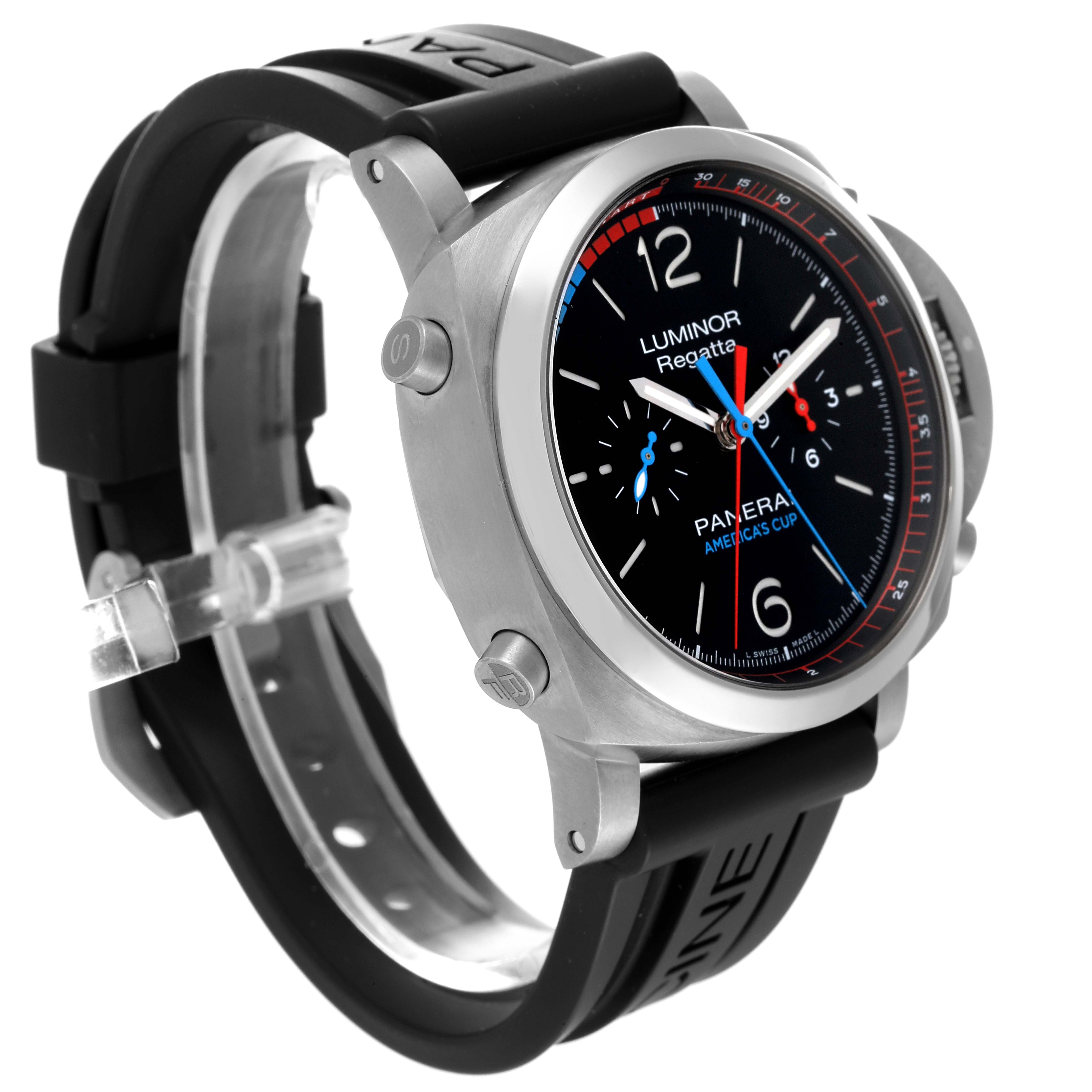 This Panerai Luminor PAM00726 Men's Titanium Black Dial PAM00726 Men's Titanium Black Dial model watch is shown from a three-quarter angle, highlighting its dial, bezel, and rubber strap.