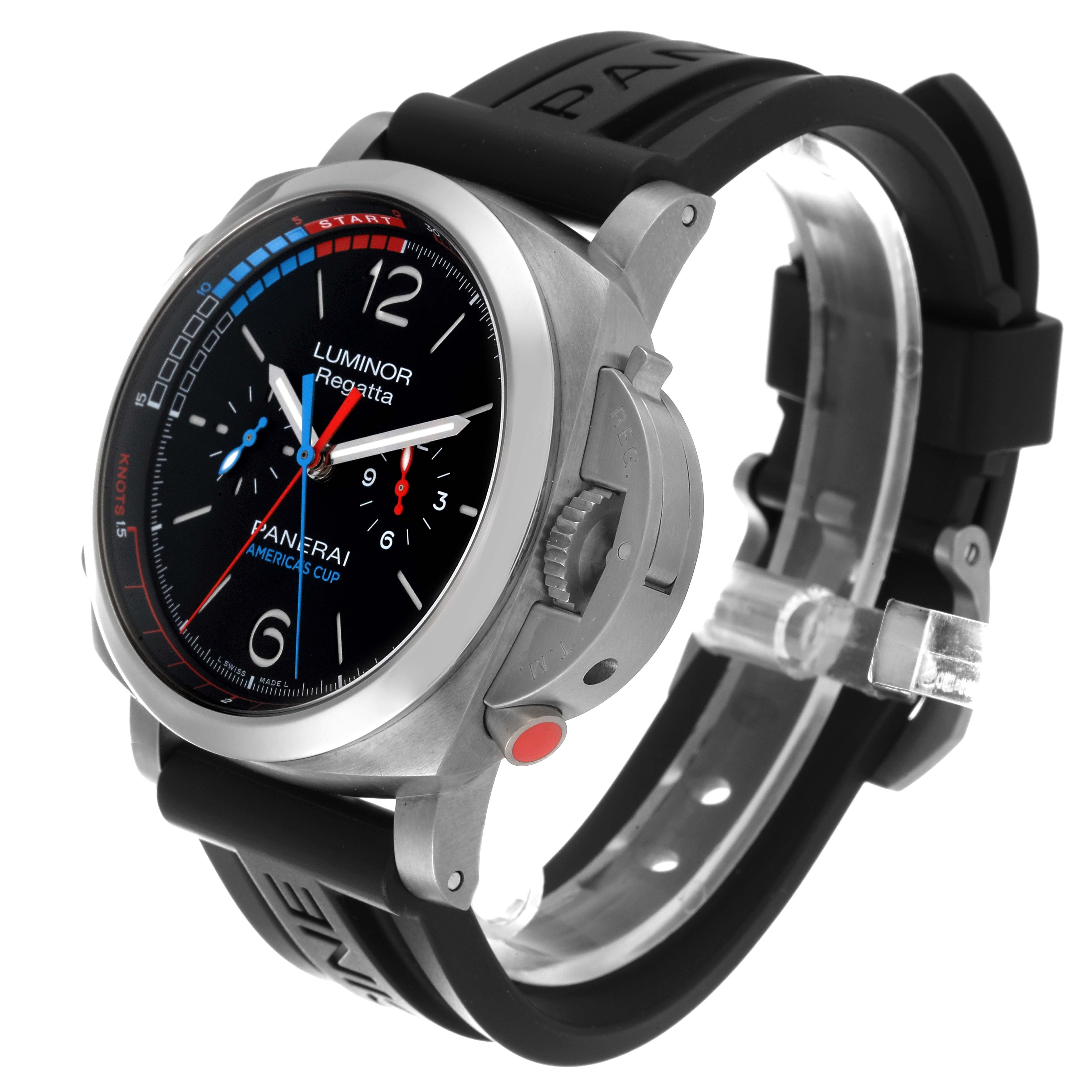 This image shows a Panerai Luminor PAM00726 Men's Titanium Black Dial PAM00726 Men's Titanium Black Dial watch from a slightly tilted side view, highlighting the face, bezel, and strap.