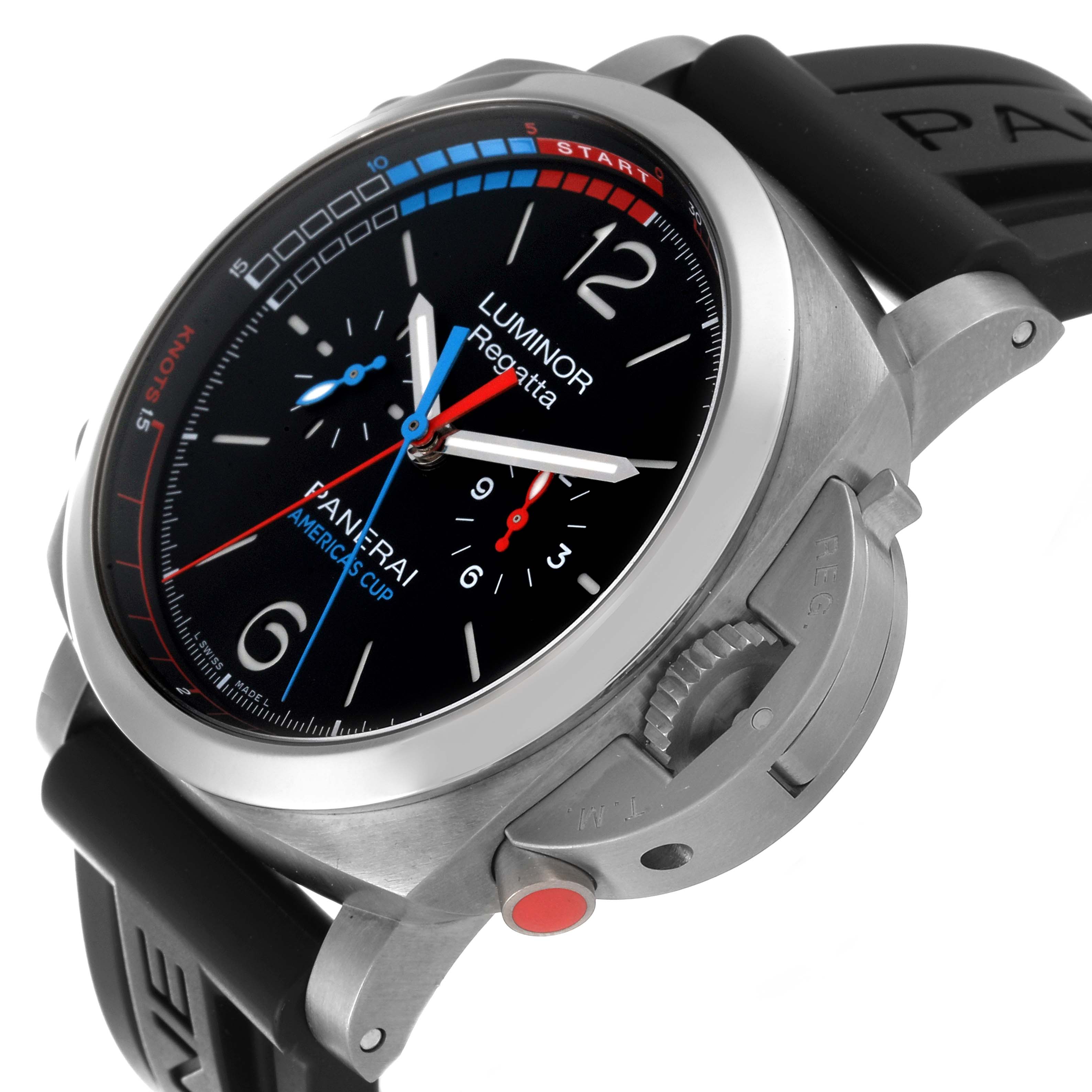 This image shows a Panerai Luminor PAM00726 Men's Titanium Black Dial PAM00726 Men's Titanium Black Dial Regatta watch at an angled view, highlighting the crown guard and the details on the dial.