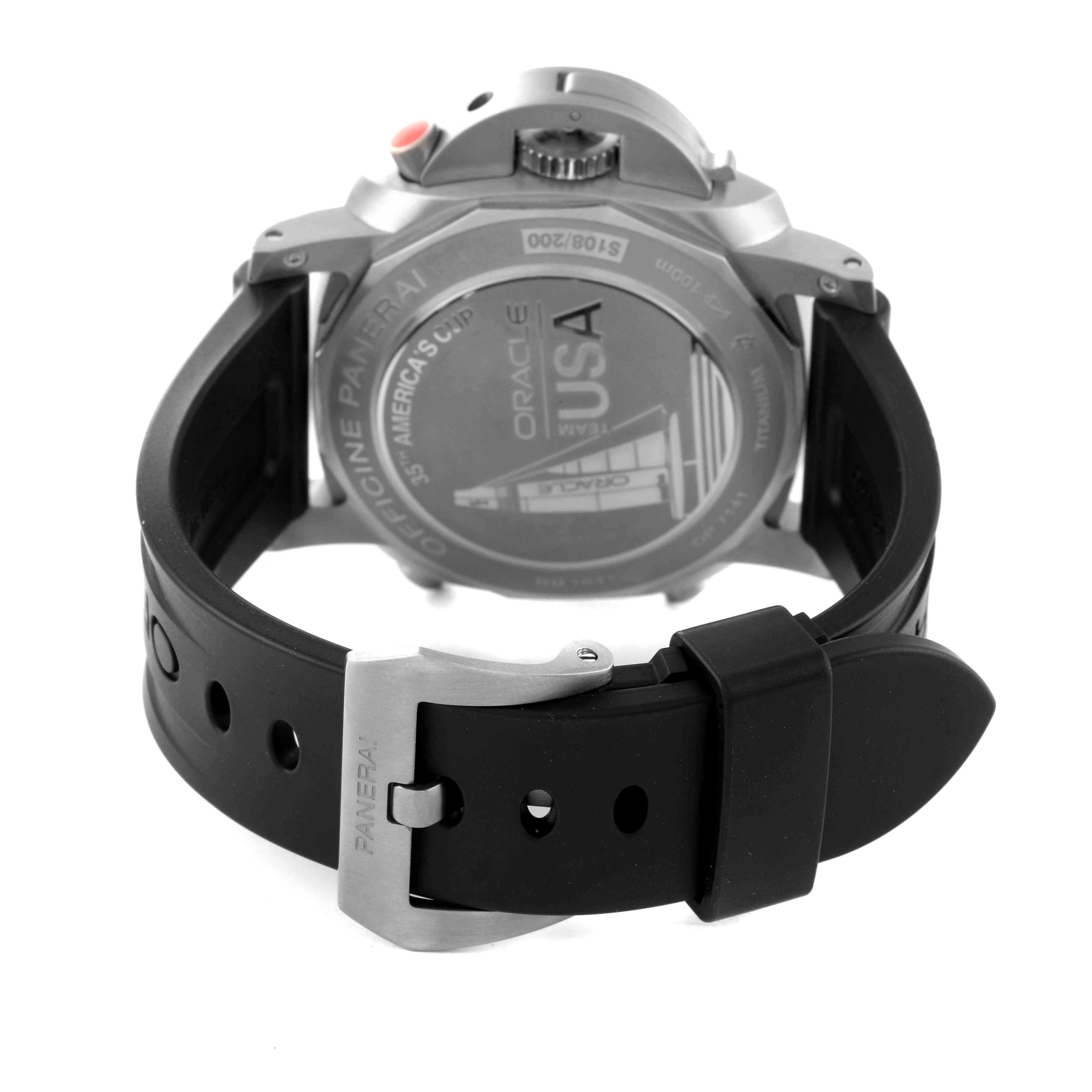 The image shows the rear view of a Panerai Luminor PAM00726 Men's Titanium Black Dial PAM00726 Men's Titanium Black Dial watch, focusing on the case back and rubber strap with a detailed buckle.