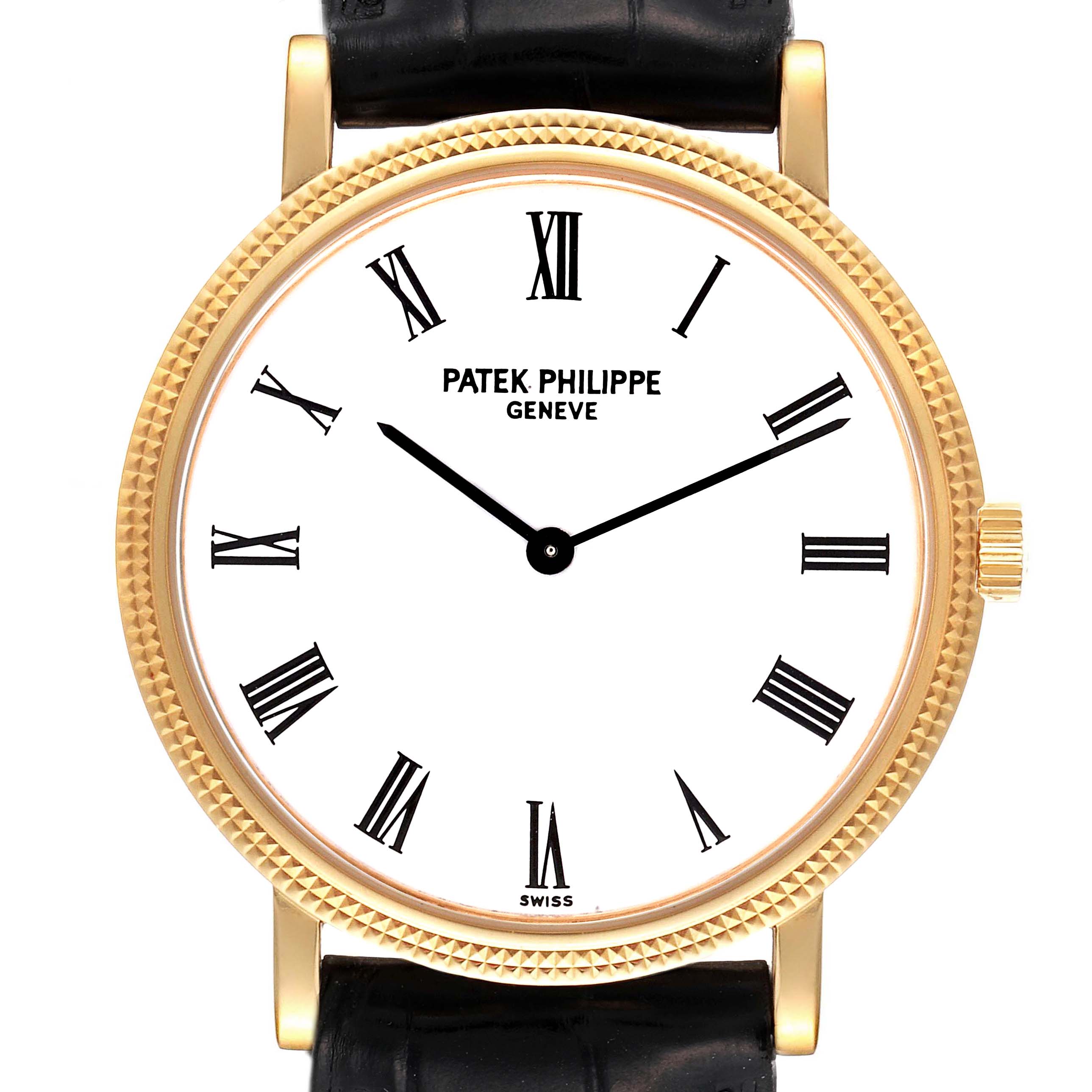 This image shows a front view of the Patek Philippe Calatrava 5120J Men's Yellow Gold White Dial 5120J Men's Yellow Gold White Dial watch, highlighting its gold casing, roman numerals, and leather strap.