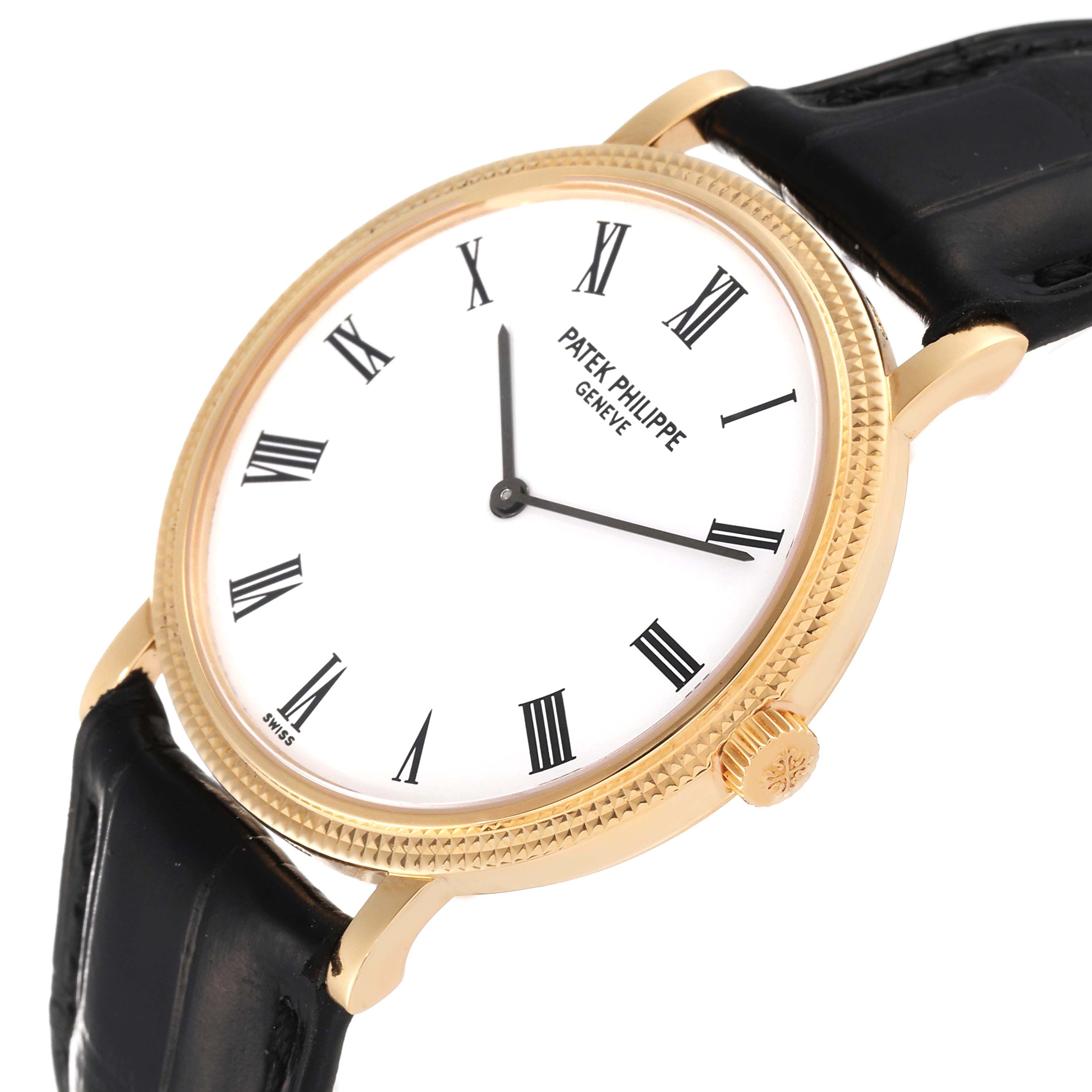 The image shows a close-up of the Patek Philippe Calatrava 5120J Men's Yellow Gold White Dial 5120J Men's Yellow Gold White Dial watch, focusing on the face, bezel, and part of the leather strap.