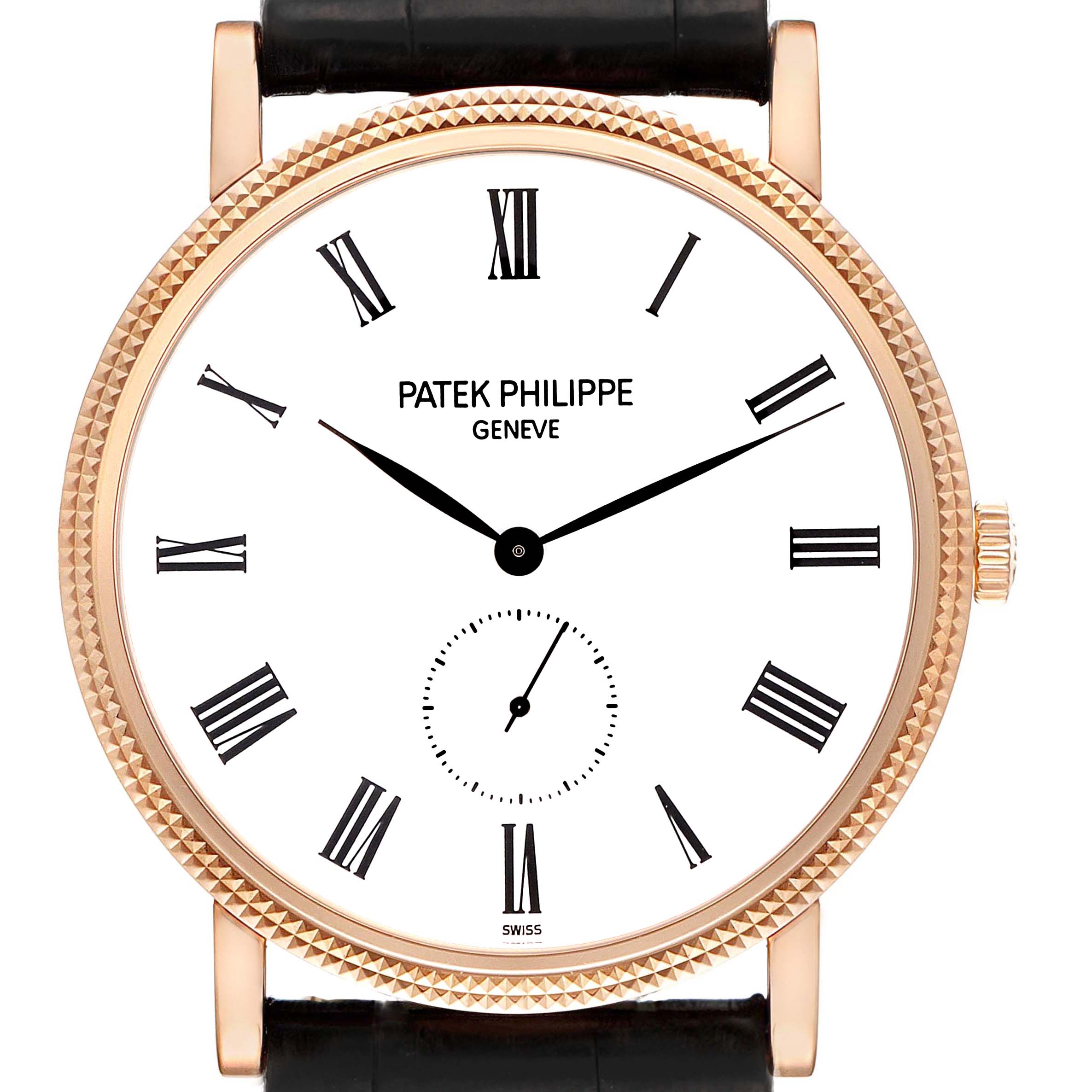 This image shows a frontal view of a Patek Philippe Calatrava 5119R-001 Men's Rose Gold White Dial 5119R-001 Men's Rose Gold White Dial watch, displaying its dial, Roman numerals, and case.