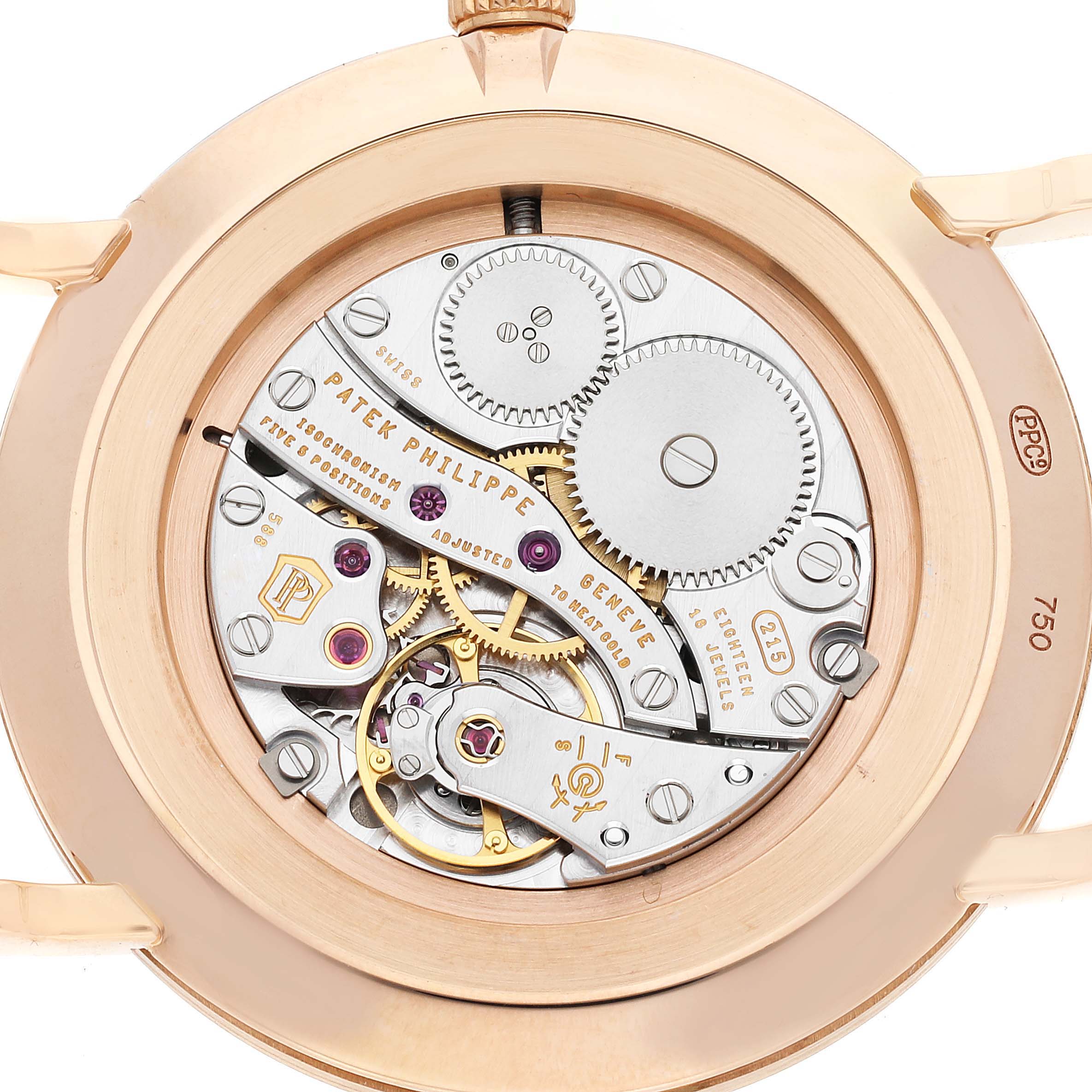 This image shows the intricate mechanical movement from the back of a Patek Philippe Calatrava 5119R-001 Men's Rose Gold White Dial 5119R-001 Men's Rose Gold White Dial watch.