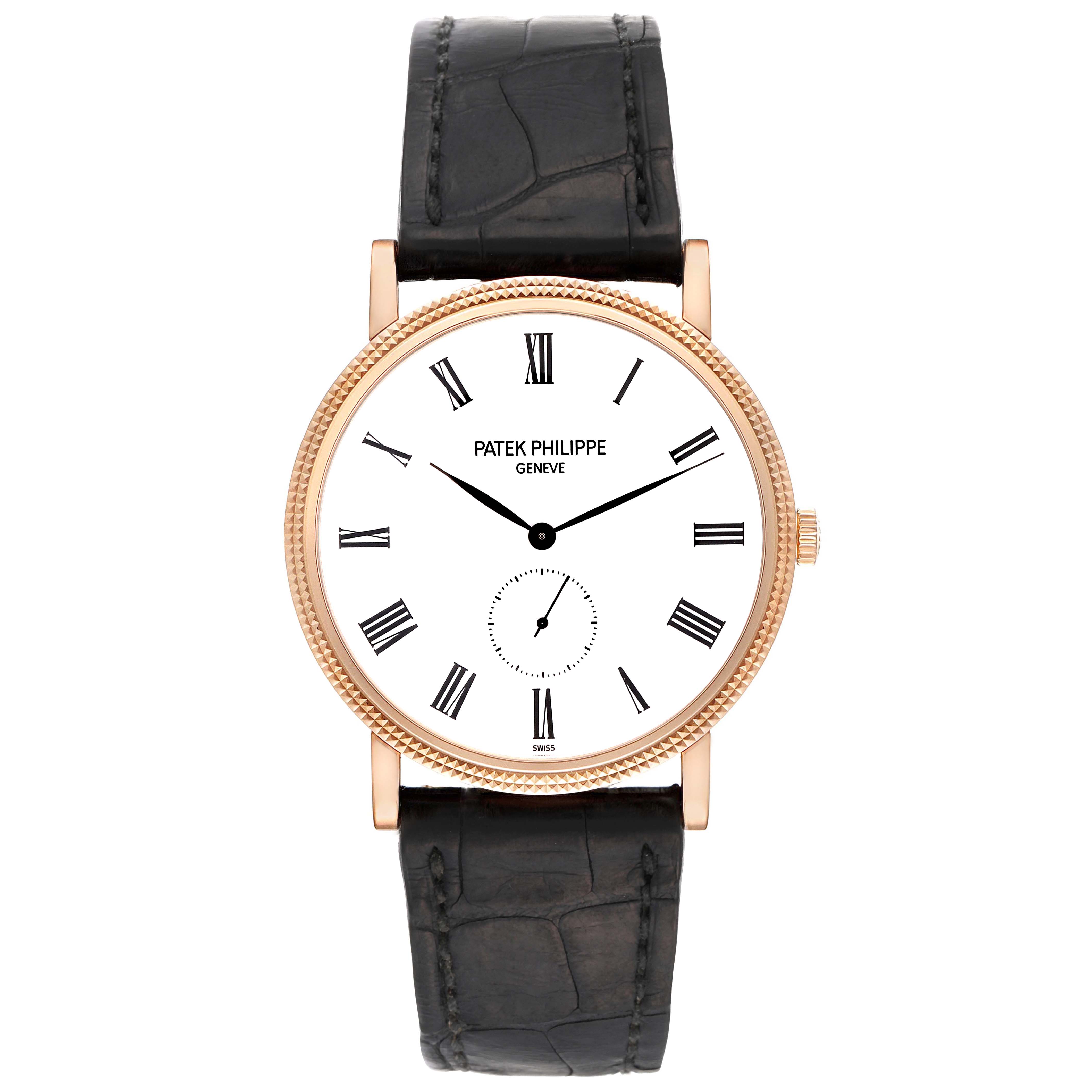 The image shows a front view of a Patek Philippe Calatrava 5119R-001 Men's Rose Gold White Dial 5119R-001 Men's Rose Gold White Dial watch with a white dial, black Roman numerals, and a black leather strap.