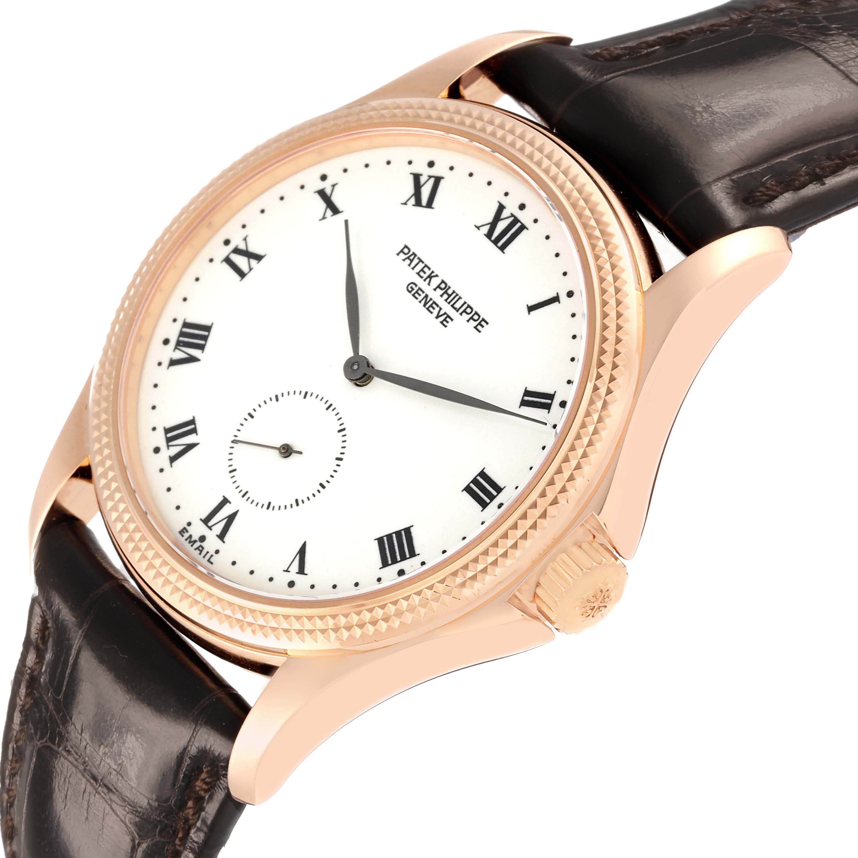 The Patek Philippe Calatrava 5115R-001 Men's Rose Gold White Dial watch is shown at a slight angle, highlighting the face, bezel, and part of the strap.