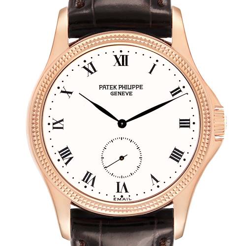 The Patek Philippe Calatrava 5115R-001 Men's Rose Gold White Dial watch is shown from the front, highlighting the dial, hands, and crown.