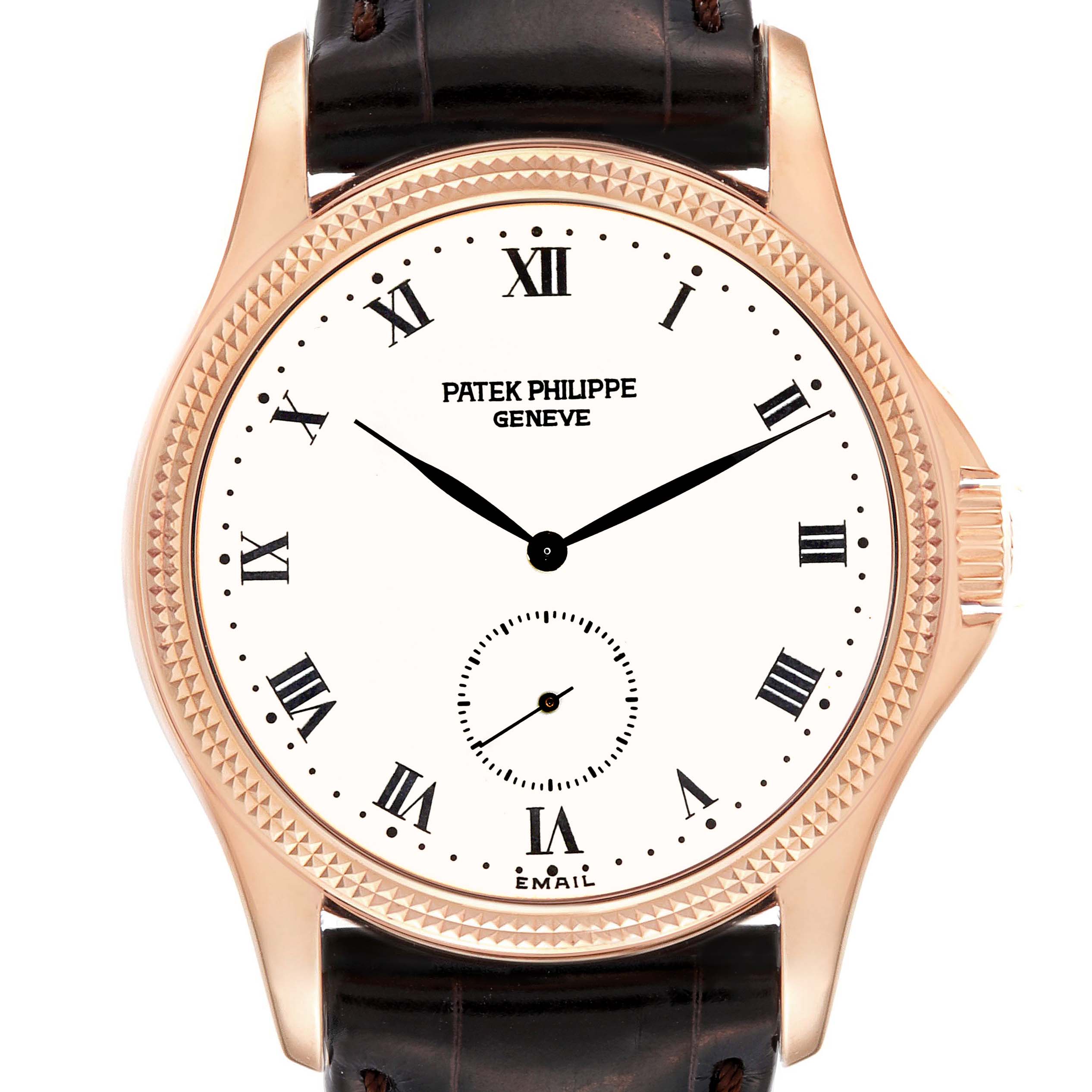 This image shows a frontal view of the Patek Philippe Calatrava 5115R-001 Men
s Rose Gold White Dial 5115R-001 Men
s Rose Gold White Dial watch, highlighting the dial, hands, and part of the strap.