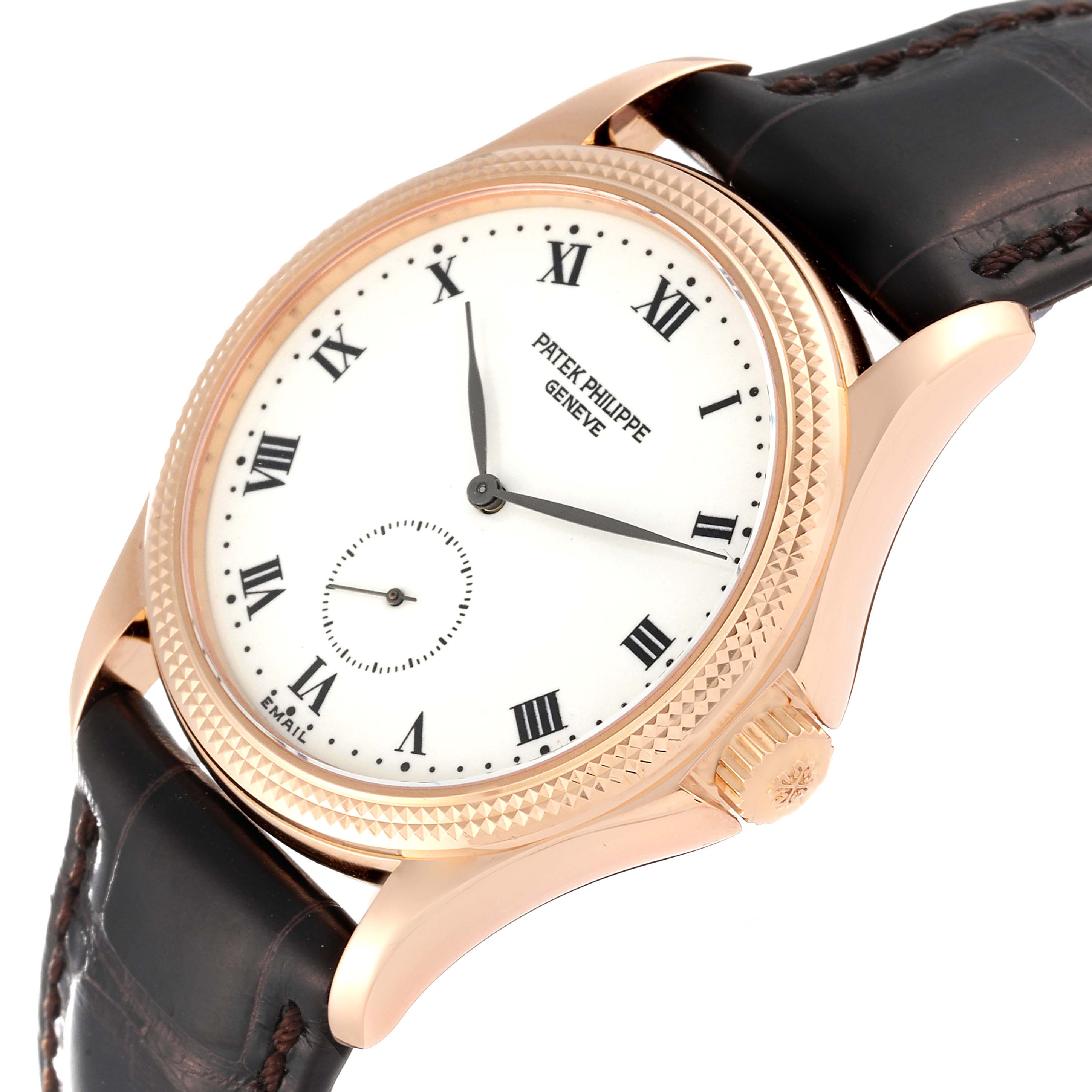 This image shows a Patek Philippe Calatrava 5115R-001 Men
s Rose Gold White Dial 5115R-001 Men
s Rose Gold White Dial watch from a front angle, highlighting its dial, bezel, crown, and strap.
