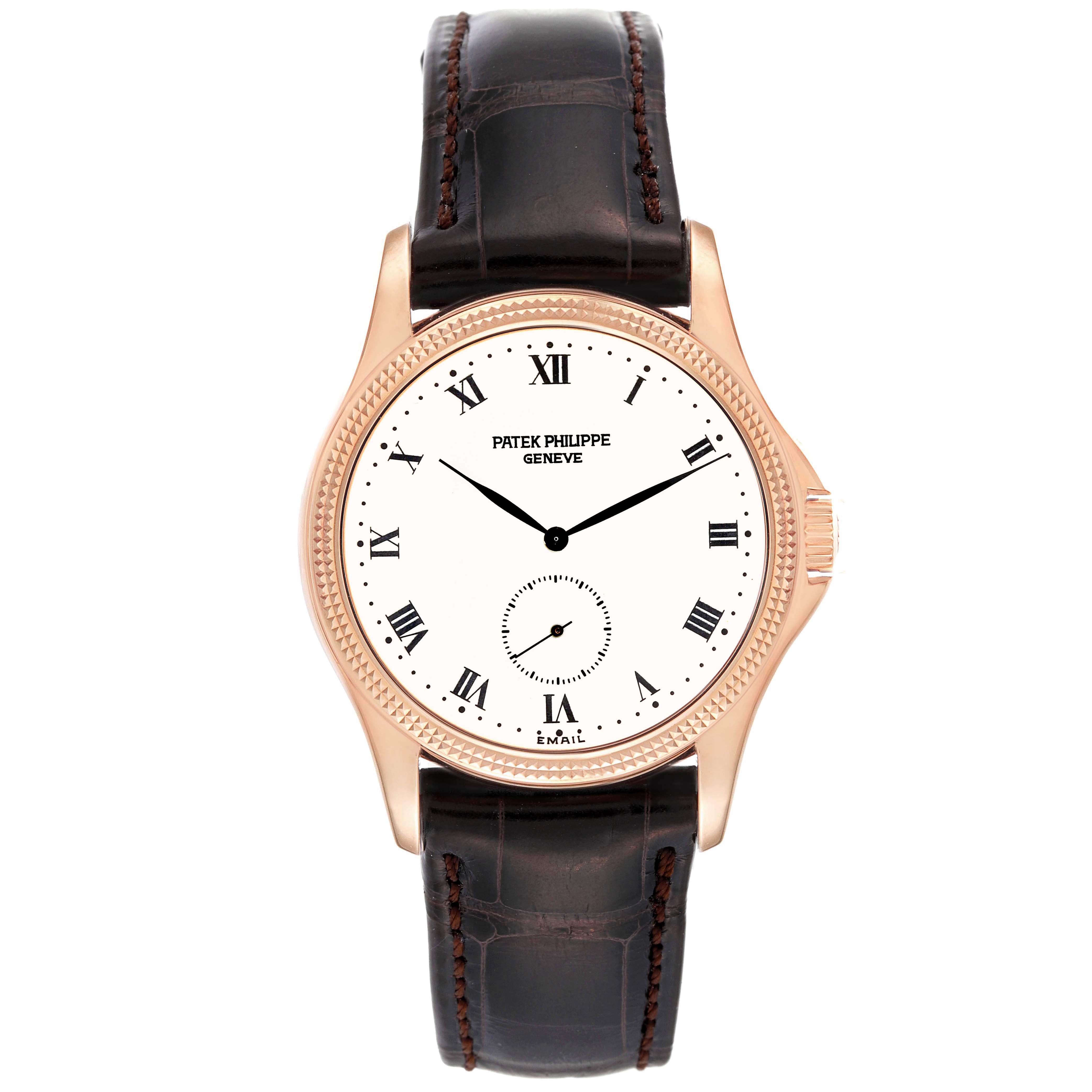 The image shows a front-on view of a Patek Philippe Calatrava 5115R-001 Men
s Rose Gold White Dial 5115R-001 Men
s Rose Gold White Dial watch, highlighting its dial, hour markers, and strap.