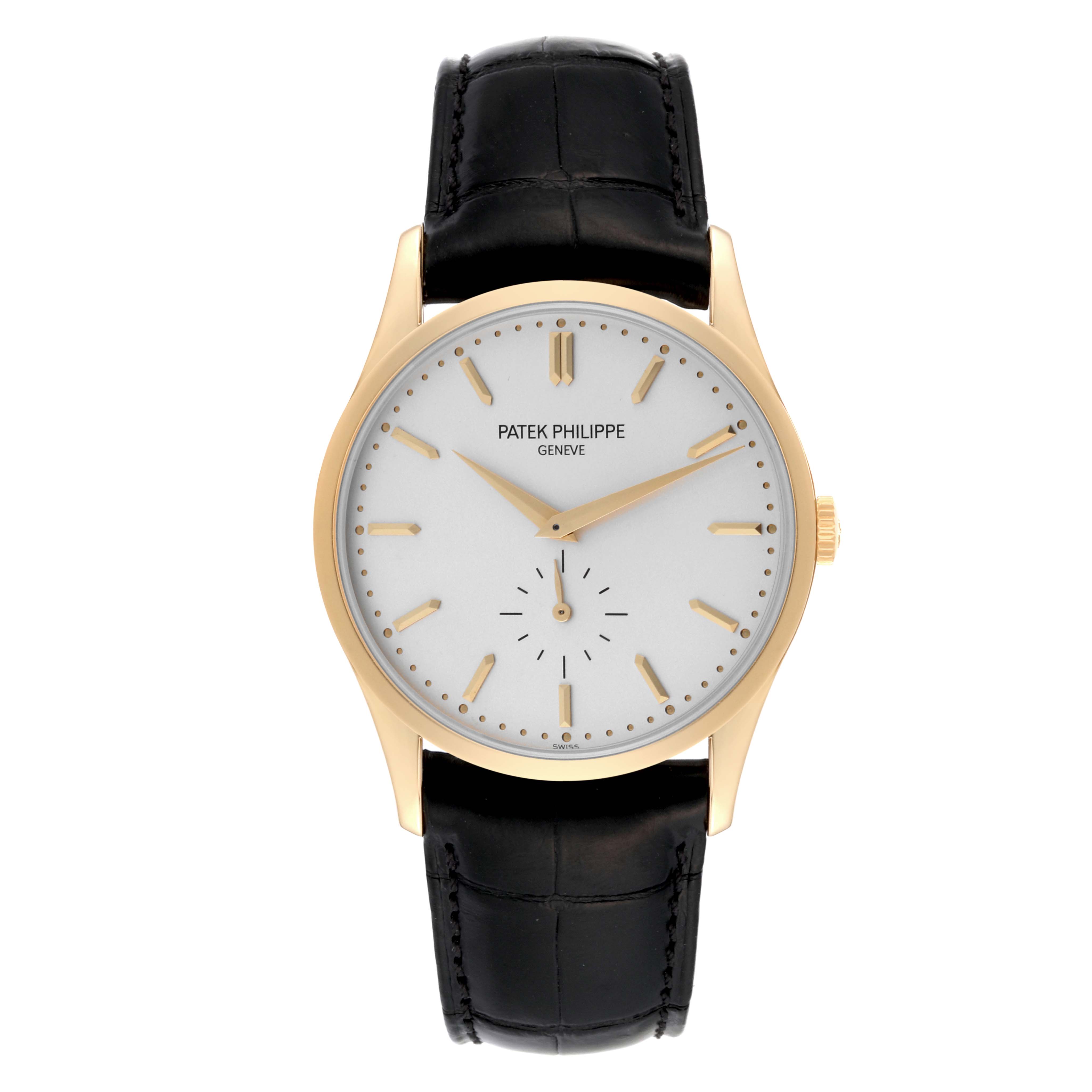 This image shows a front view of a Patek Philippe Calatrava 5196J Men's Yellow Gold Silver Dial 5196J Men's Yellow Gold Silver Dial watch with a white dial, gold case, and black leather strap.