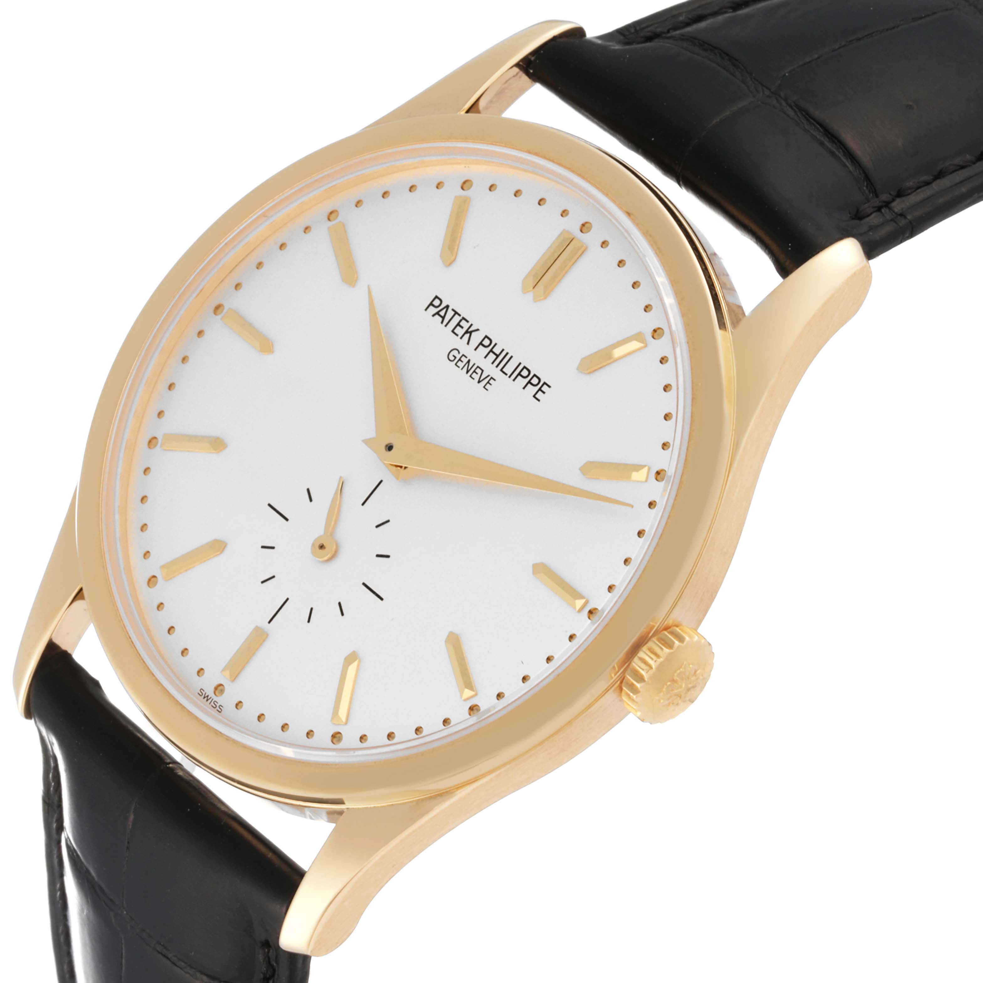 The image shows a Patek Philippe Calatrava 5196J Men's Yellow Gold Silver Dial 5196J Men's Yellow Gold Silver Dial watch at a front angle, highlighting its dial, hands, case, crown, and strap.