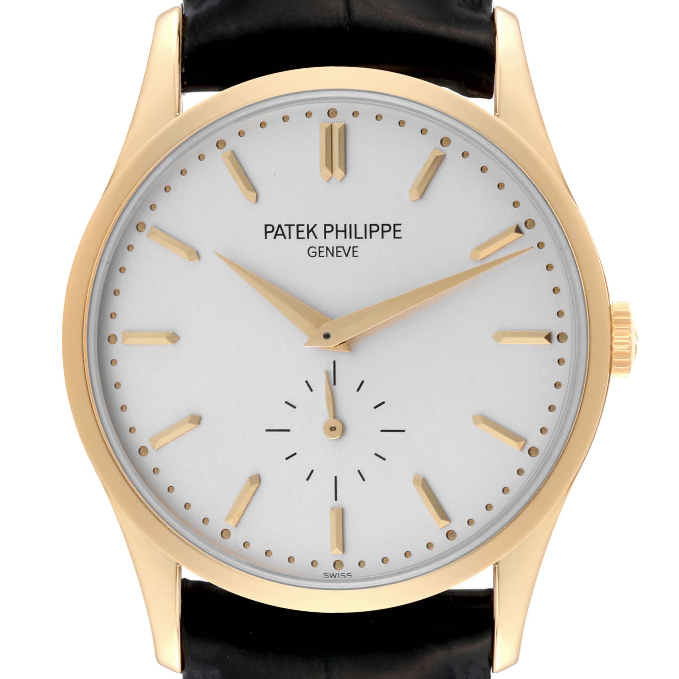 The image shows a front view of the Patek Philippe Calatrava 5196J Men's Yellow Gold Silver Dial 5196J Men's Yellow Gold Silver Dial watch, displaying its face, hands, and part of the black strap.