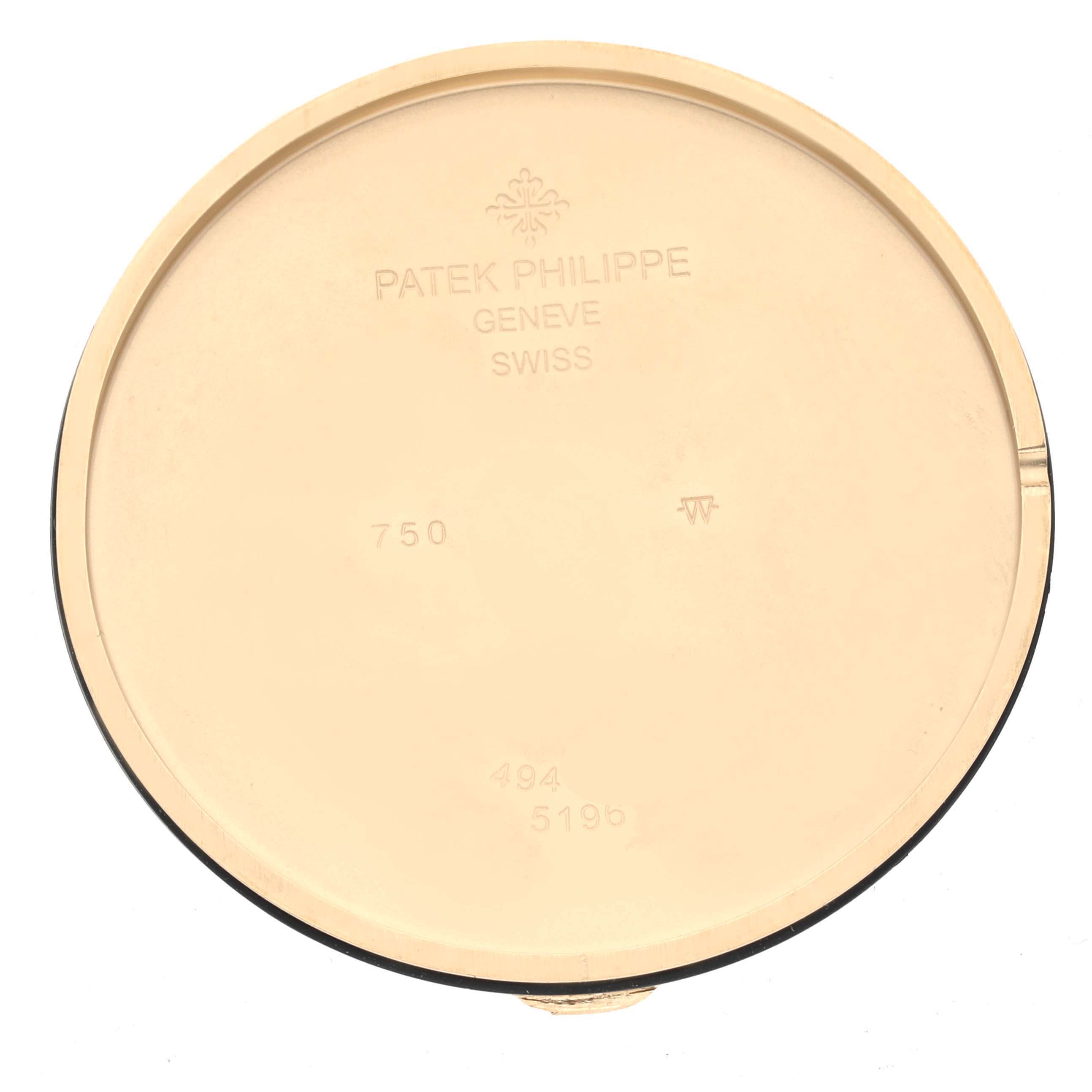 This image displays the inside of the case back of a Patek Philippe Calatrava 5196J Men's Yellow Gold Silver Dial 5196J Men's Yellow Gold Silver Dial watch.