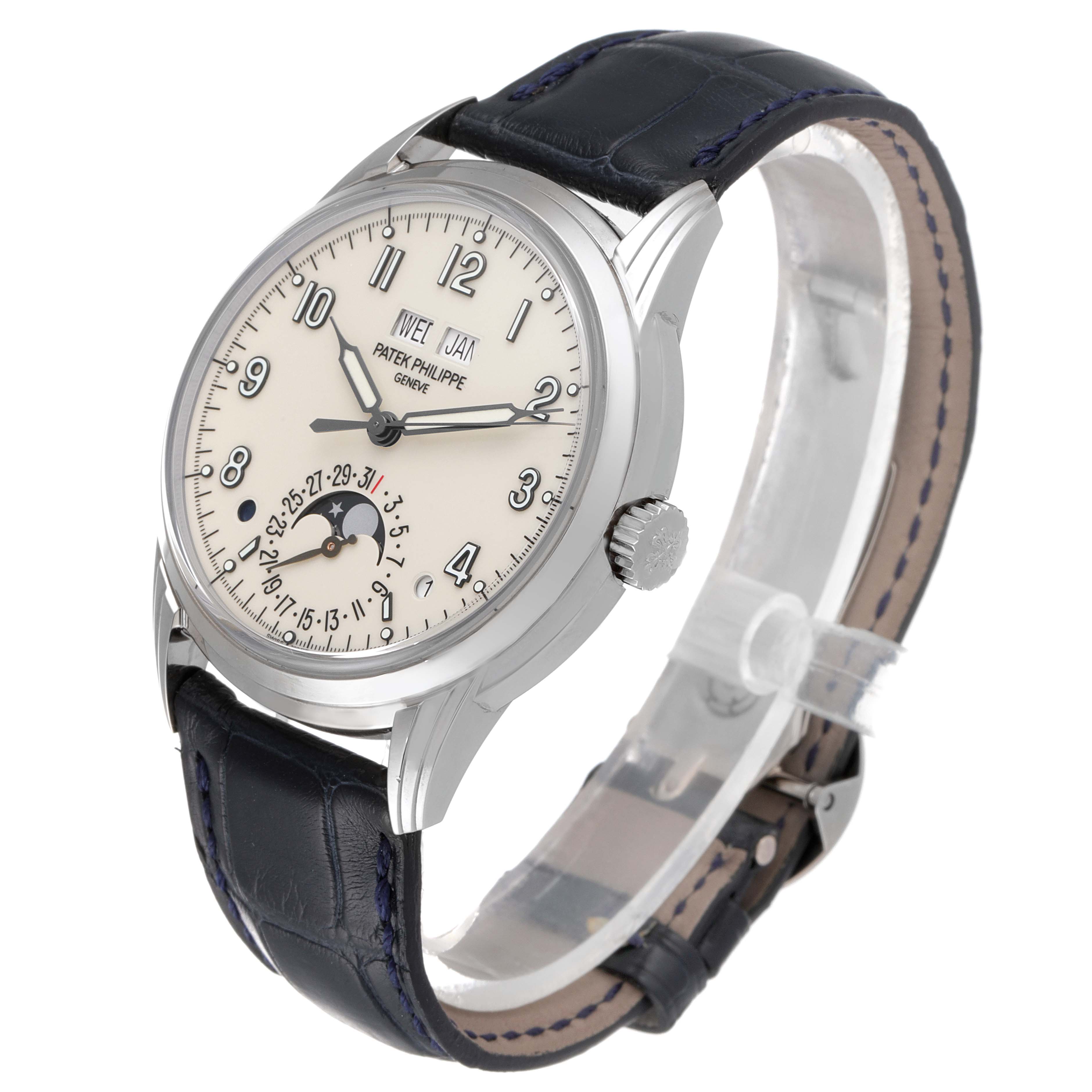 The Patek Philippe Complications 5320G-001 Men's White Gold Beige Dial 5320G-001 Men's White Gold Beige Dial model watch is shown at a three-quarter angle, featuring its face, bezel, crown, and leather strap.
