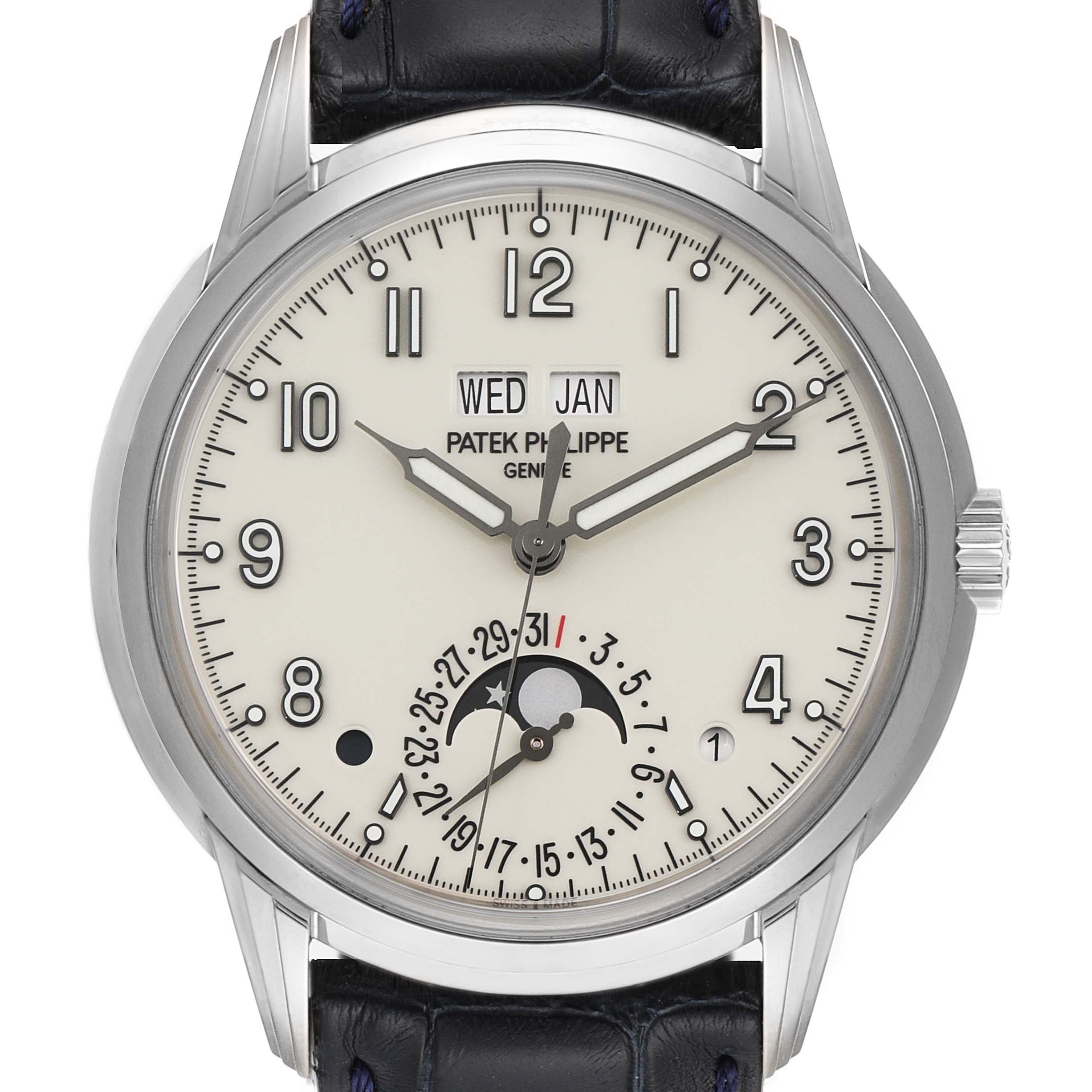 This image shows a front view of the Patek Philippe Complications 5320G-001 Men's White Gold Beige Dial 5320G-001 Men's White Gold Beige Dial model watch, displaying the dial, hands, and calendar features.