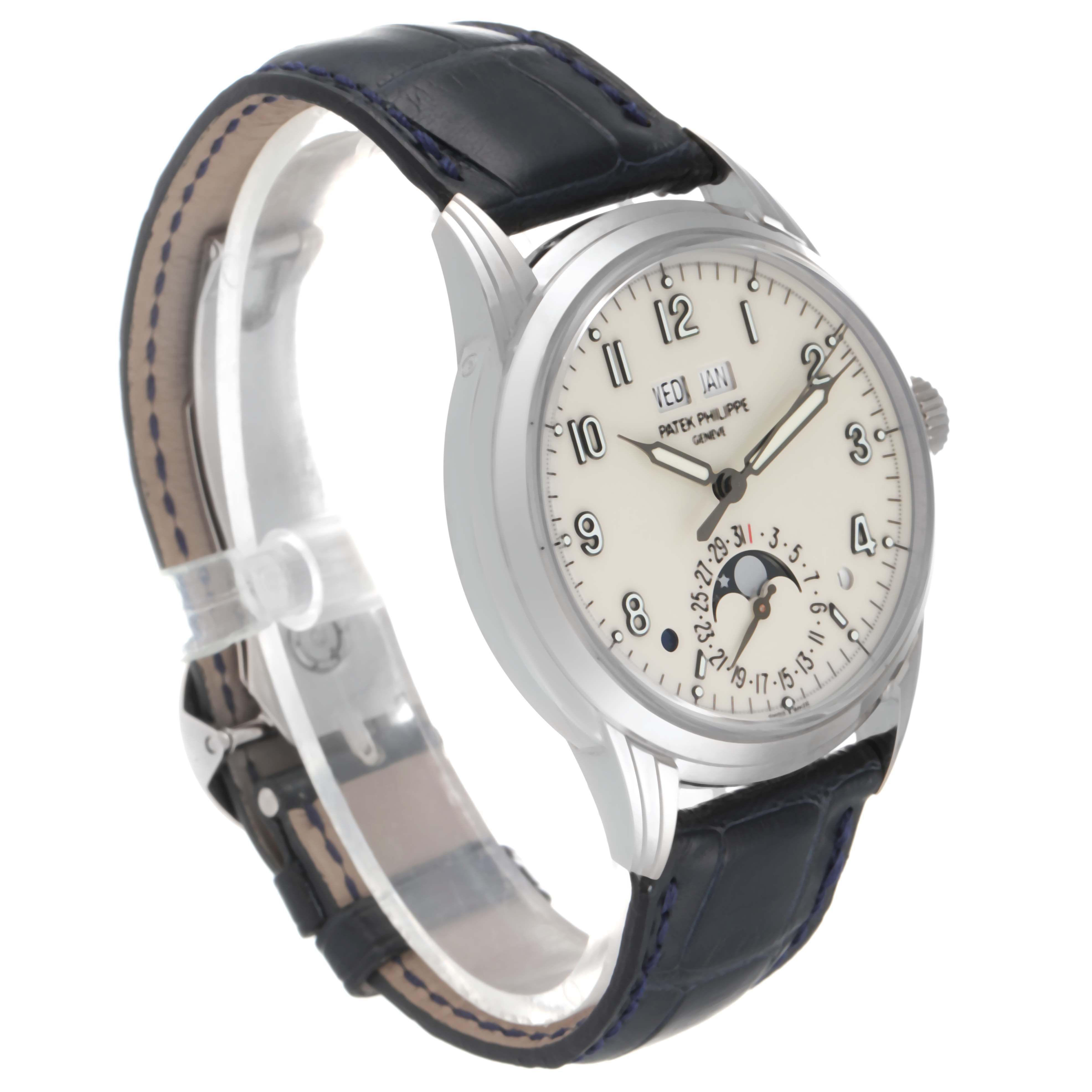 The image shows a side-angle view of the Patek Philippe Complications 5320G-001 Men's White Gold Beige Dial 5320G-001 Men's White Gold Beige Dial watch with a leather strap, highlighting the dial and moon phase feature.