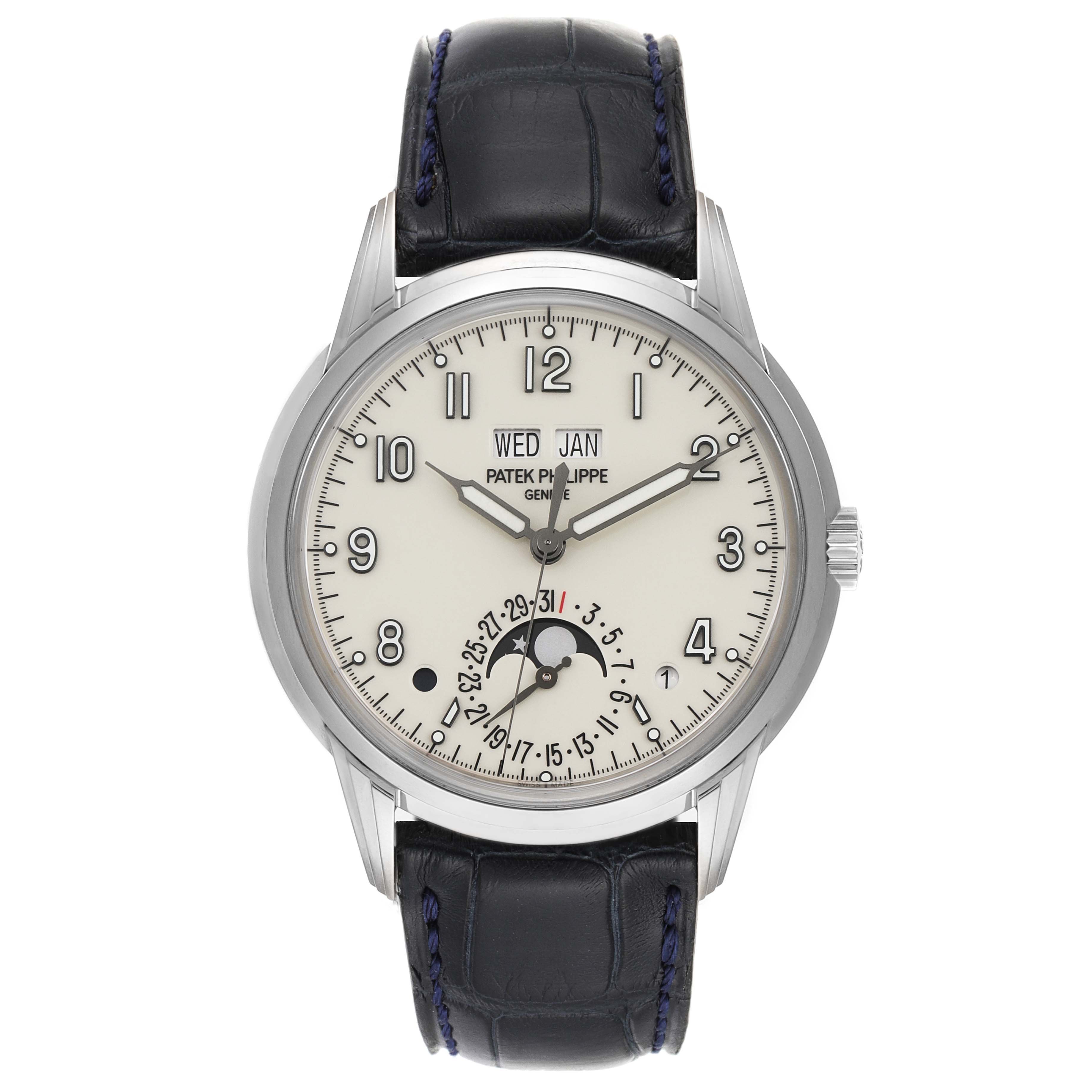 The image shows a front view of a Patek Philippe Complications 5320G-001 Men's White Gold Beige Dial 5320G-001 Men's White Gold Beige Dial watch, featuring a white dial, date indicators, and a black leather strap.