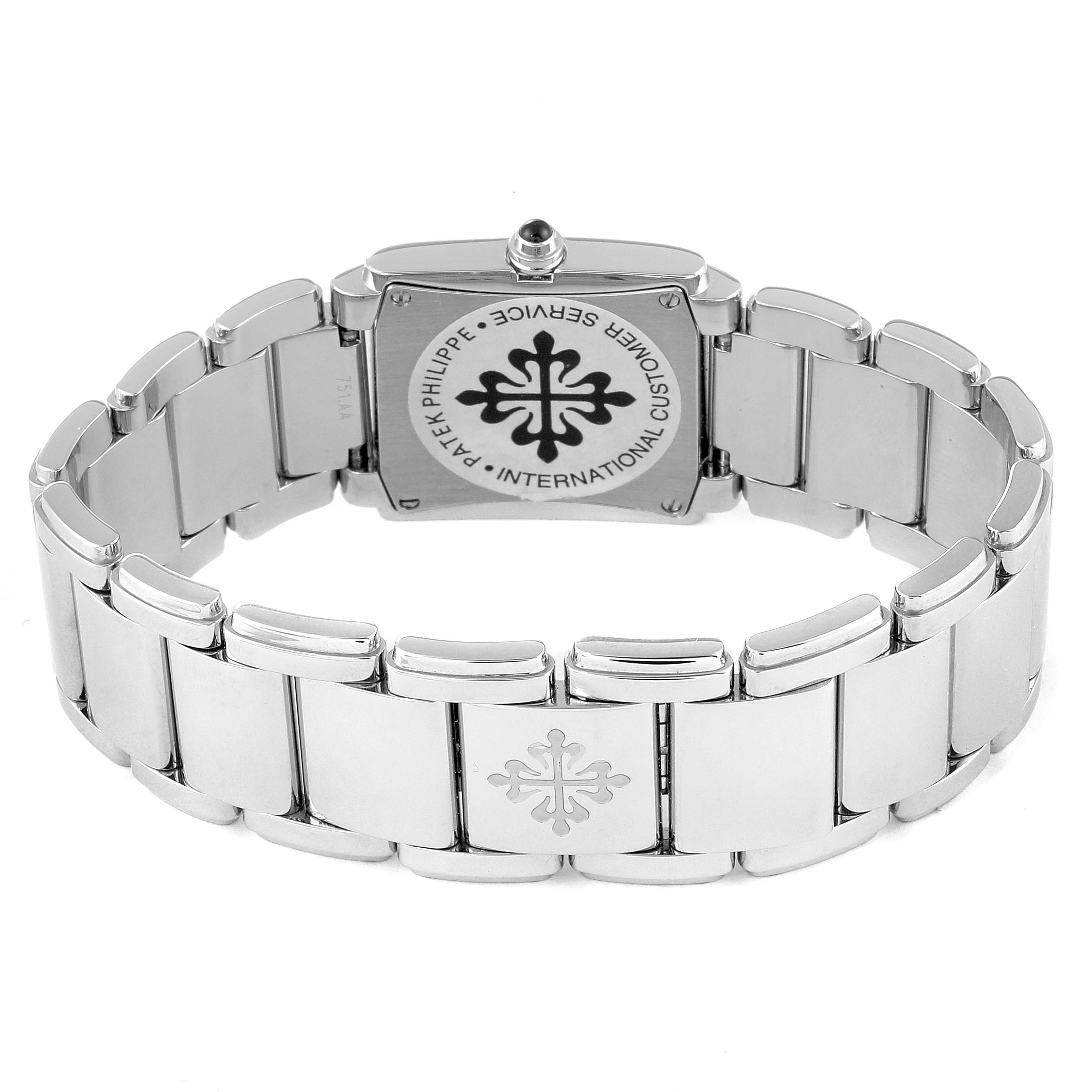 The image shows the back view of a Patek Philippe Twenty-4 4910/10A-010 Women's Stainless Steel Silver Dial 4910/10A-010 Women's Stainless Steel Silver Dial watch, highlighting the bracelet and case back.