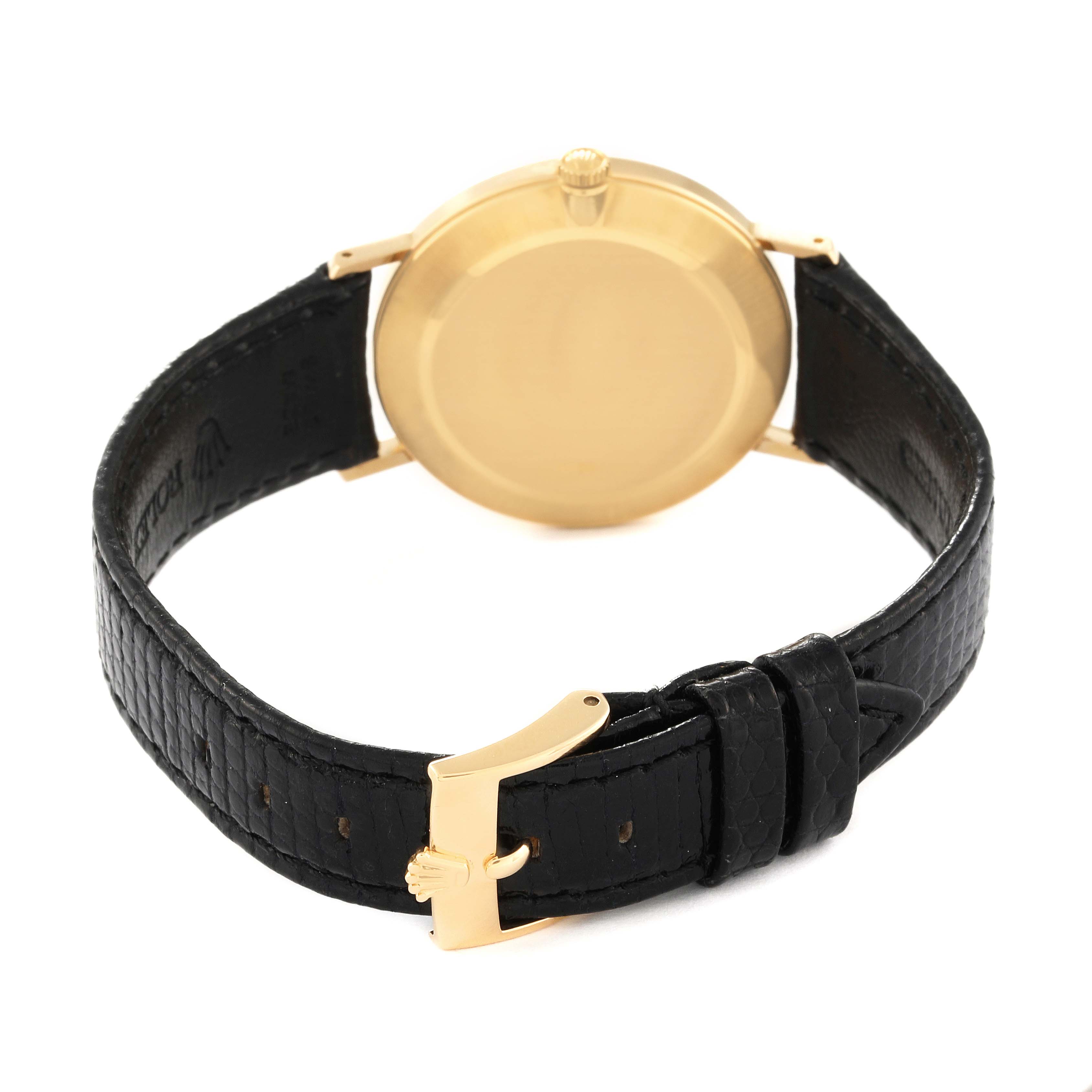 This image shows the back case and strap of a Rolex Cellini 4112 Men's Yellow Gold Champagne Dial 4112 Men's Yellow Gold Champagne Dial watch, focusing on the gold buckle and black leather strap.