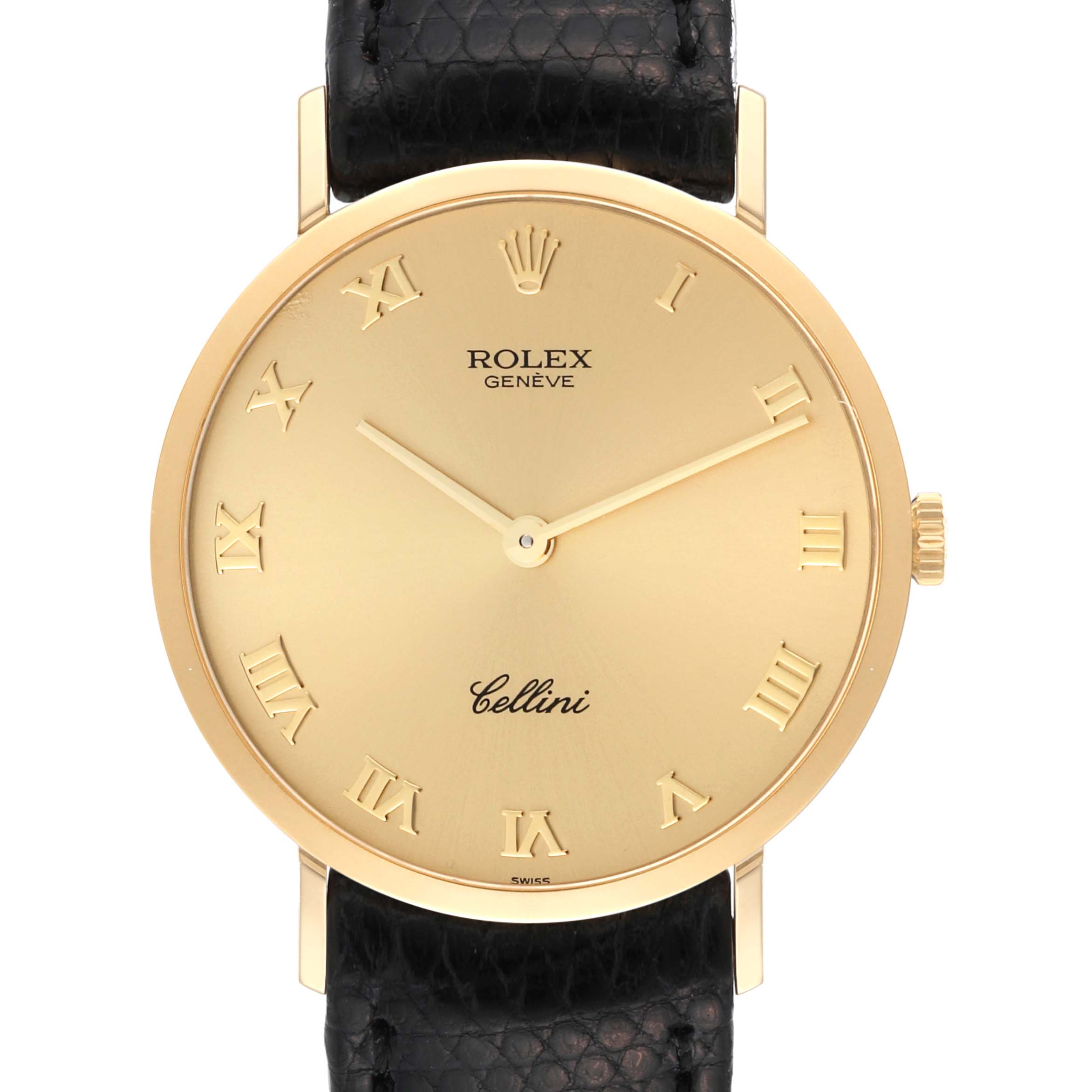 The image shows a front view of a Rolex Cellini 4112 Men's Yellow Gold Champagne Dial 4112 Men's Yellow Gold Champagne Dial watch, featuring a gold dial with Roman numerals and a black leather strap.