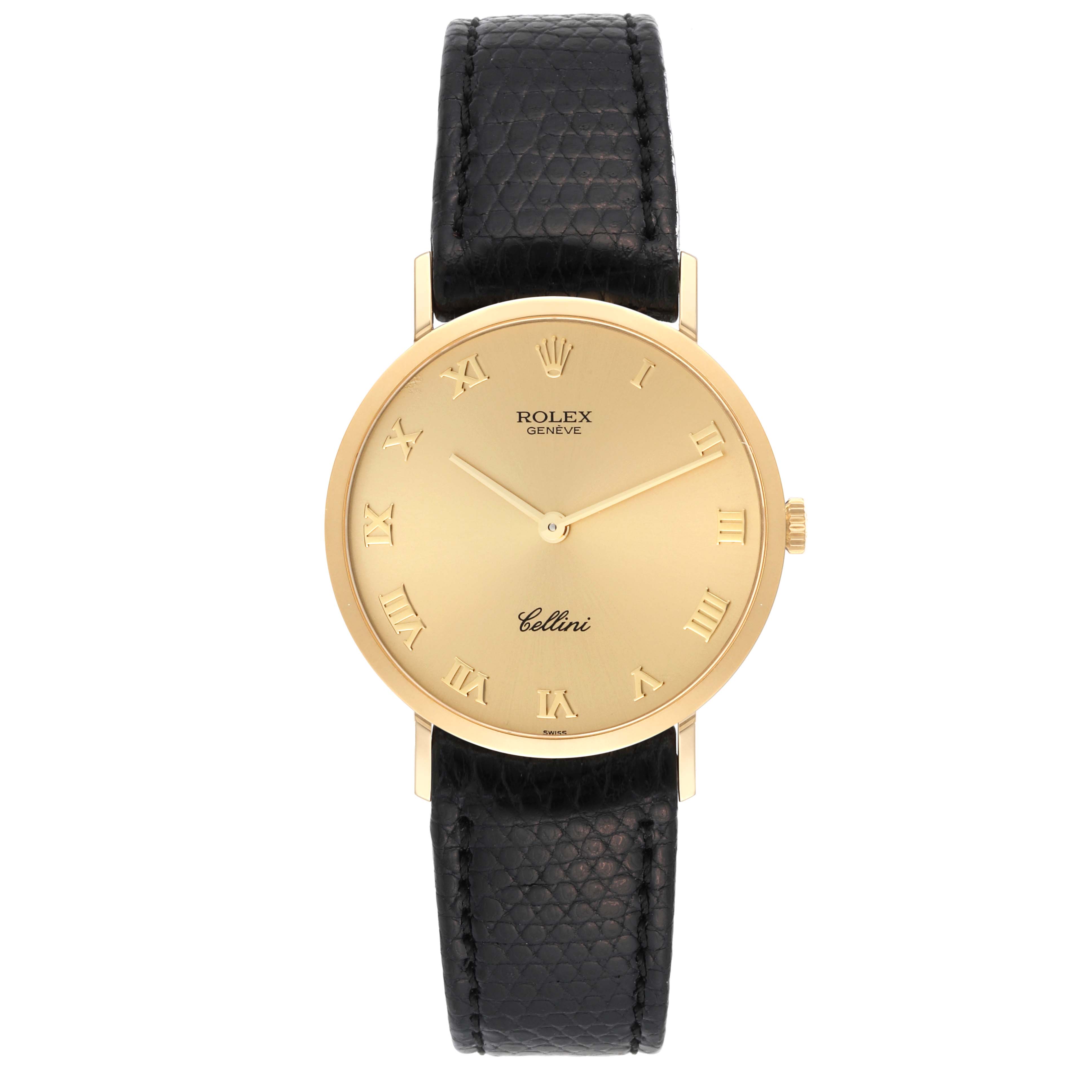 The image shows a front view of a Rolex Cellini 4112 Men's Yellow Gold Champagne Dial 4112 Men's Yellow Gold Champagne Dial watch, highlighting its gold-colored dial, Roman numerals, and black leather strap.