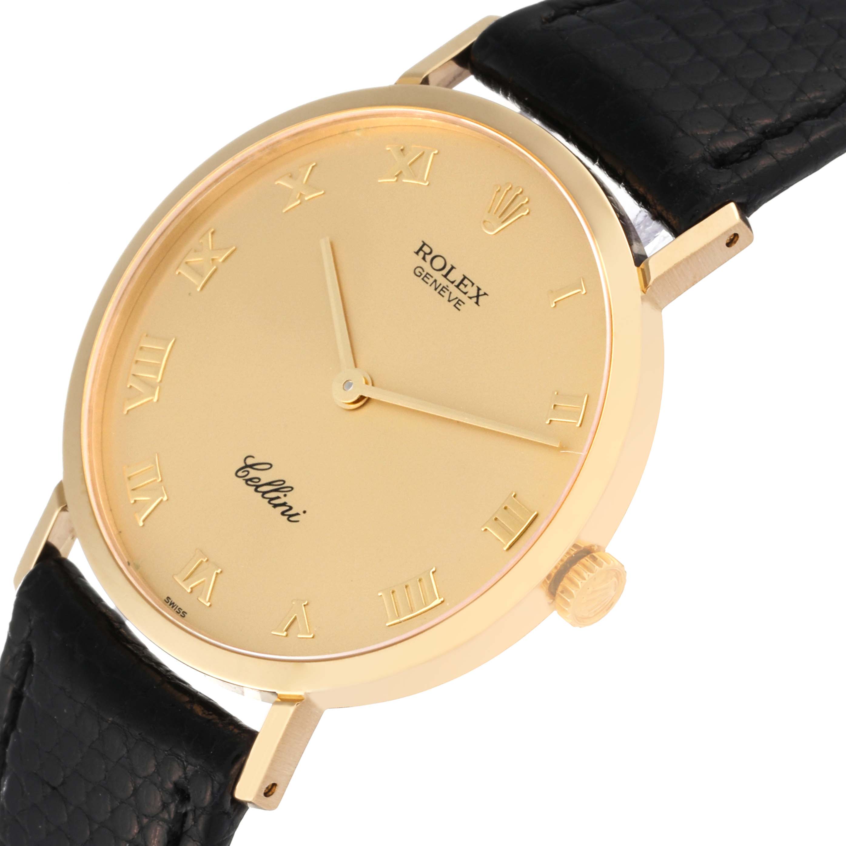 This image shows a close-up front view of the dial, case, and part of the strap of a Rolex Cellini 4112 Men's Yellow Gold Champagne Dial 4112 Men's Yellow Gold Champagne Dial watch.