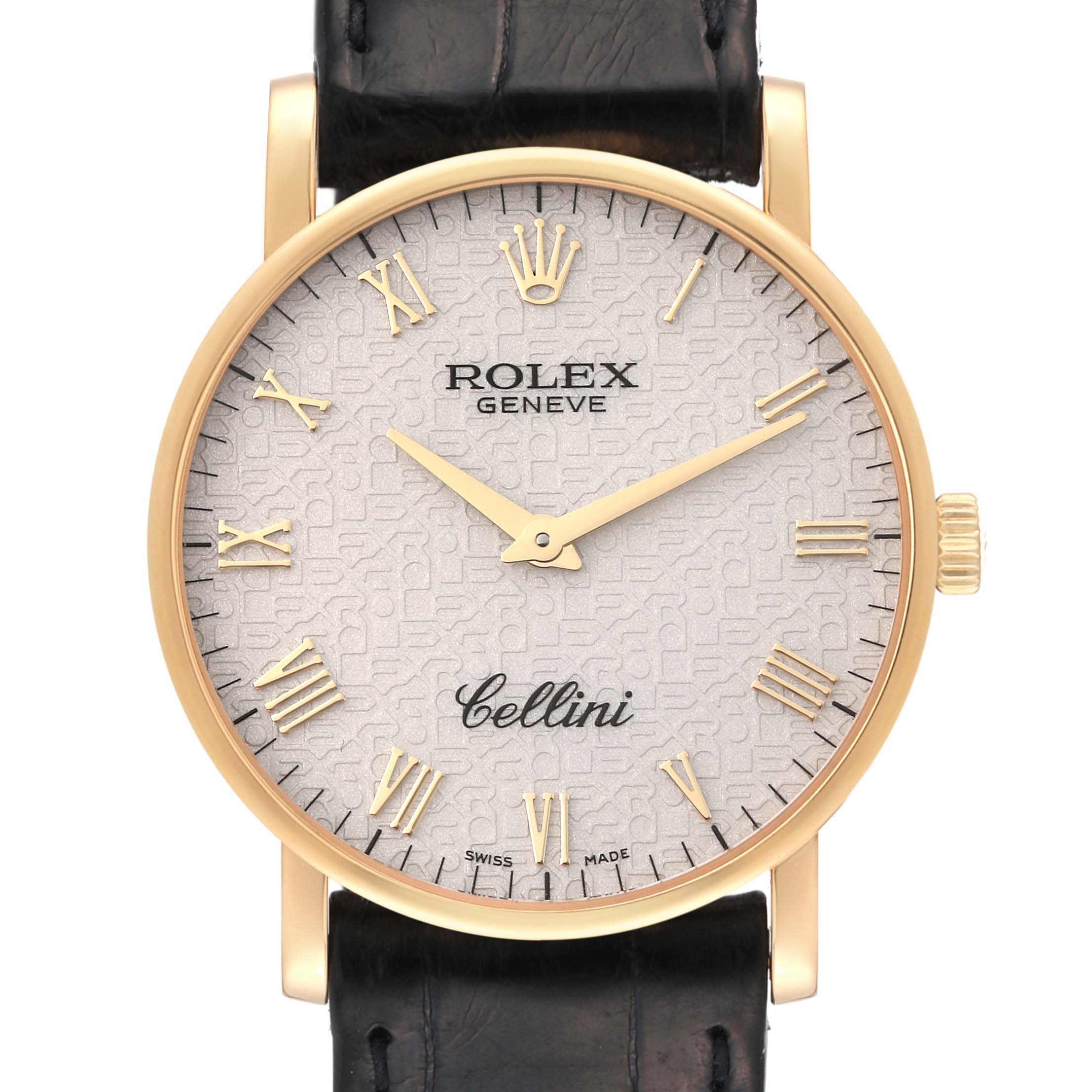 The Rolex Cellini 5115/8 Men's Yellow Gold White Dial 5115/8 Men's Yellow Gold White Dial watch is shown from the front, highlighting the analog dial, gold case, roman numerals, and leather strap.