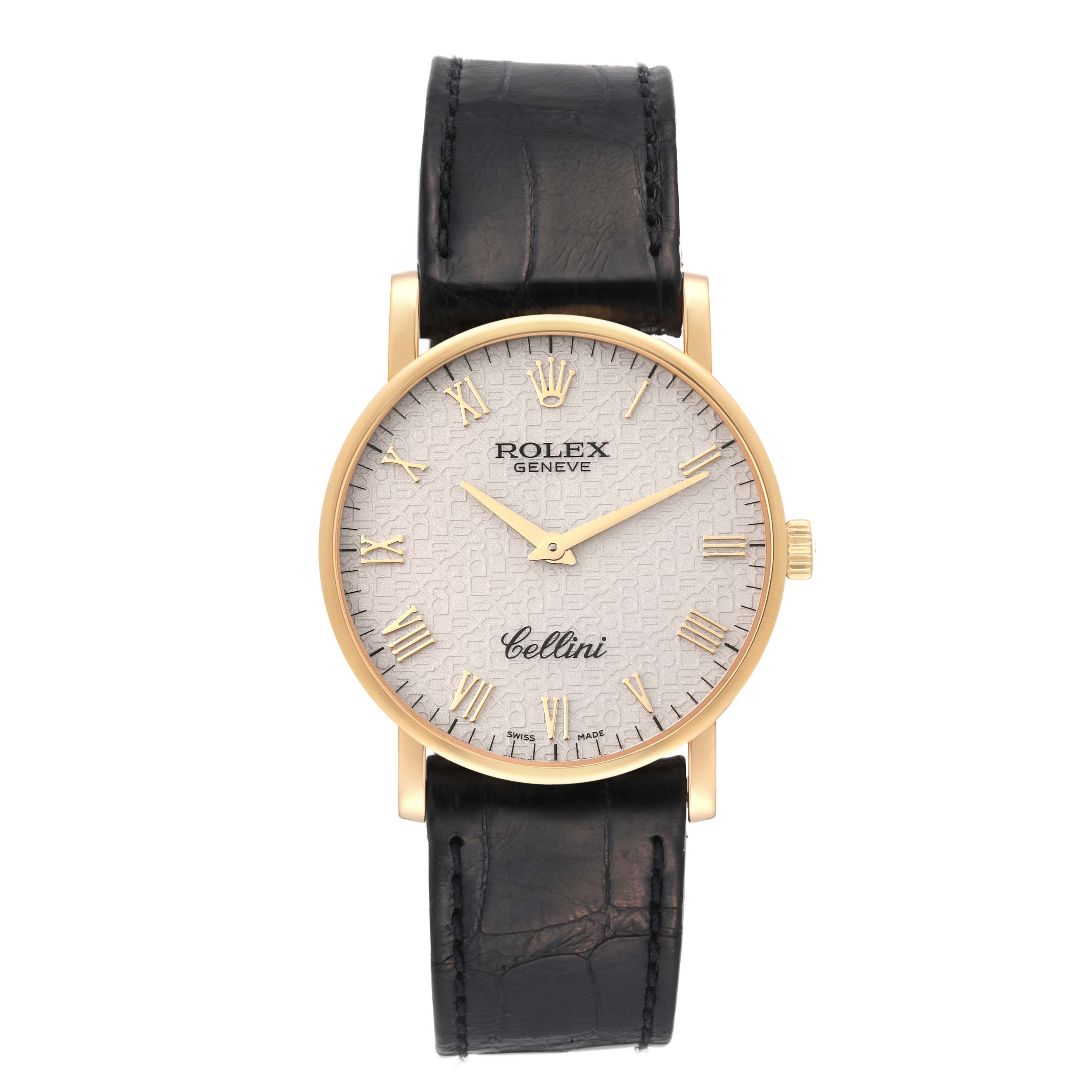 The image shows a front view of the Rolex Cellini 5115/8 Men's Yellow Gold White Dial 5115/8 Men's Yellow Gold White Dial watch, displaying its dial, hands, case, and leather strap.