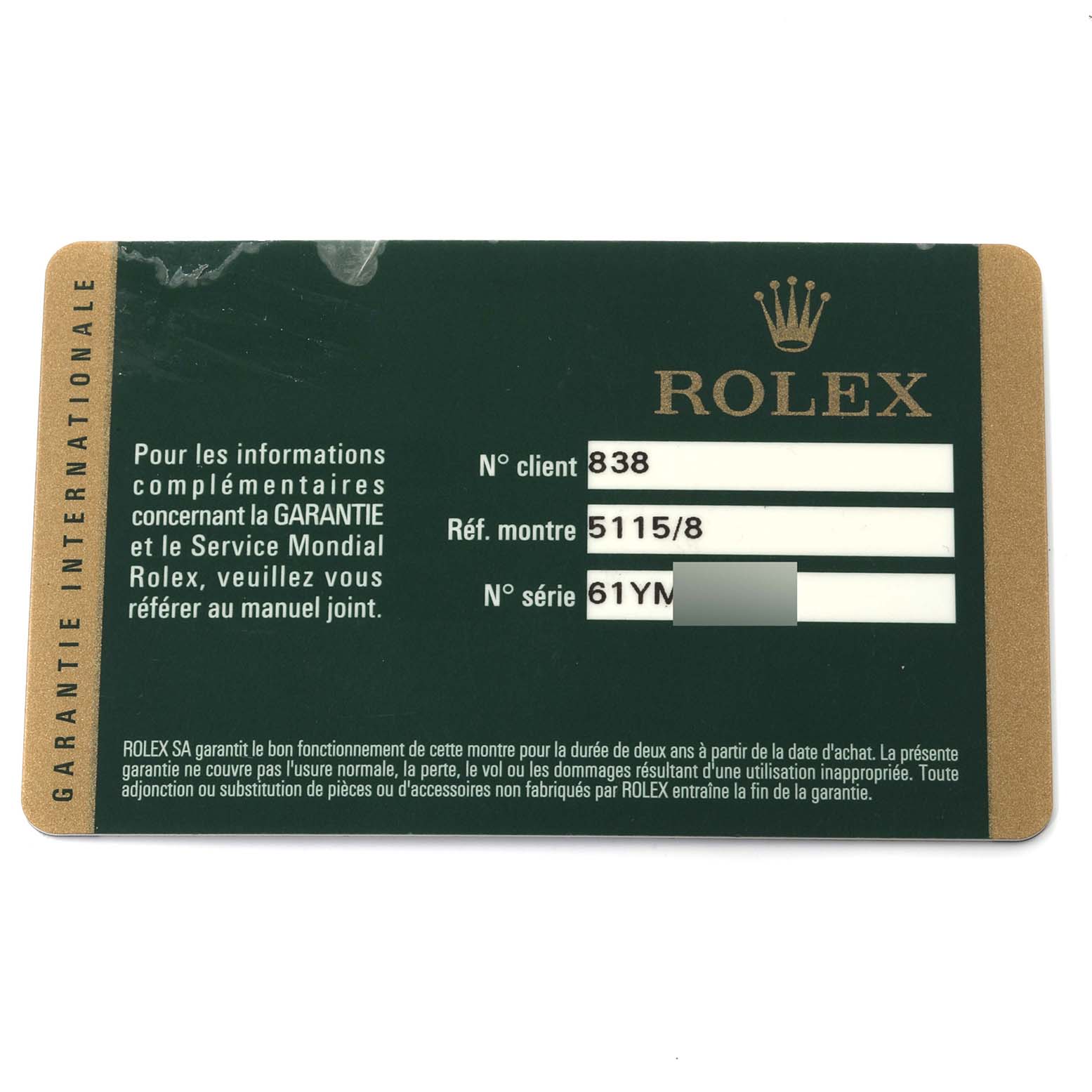 The image shows a warranty card for the Rolex Cellini 5115/8 Men's Yellow Gold White Dial 5115/8 Men's Yellow Gold White Dial watch model.