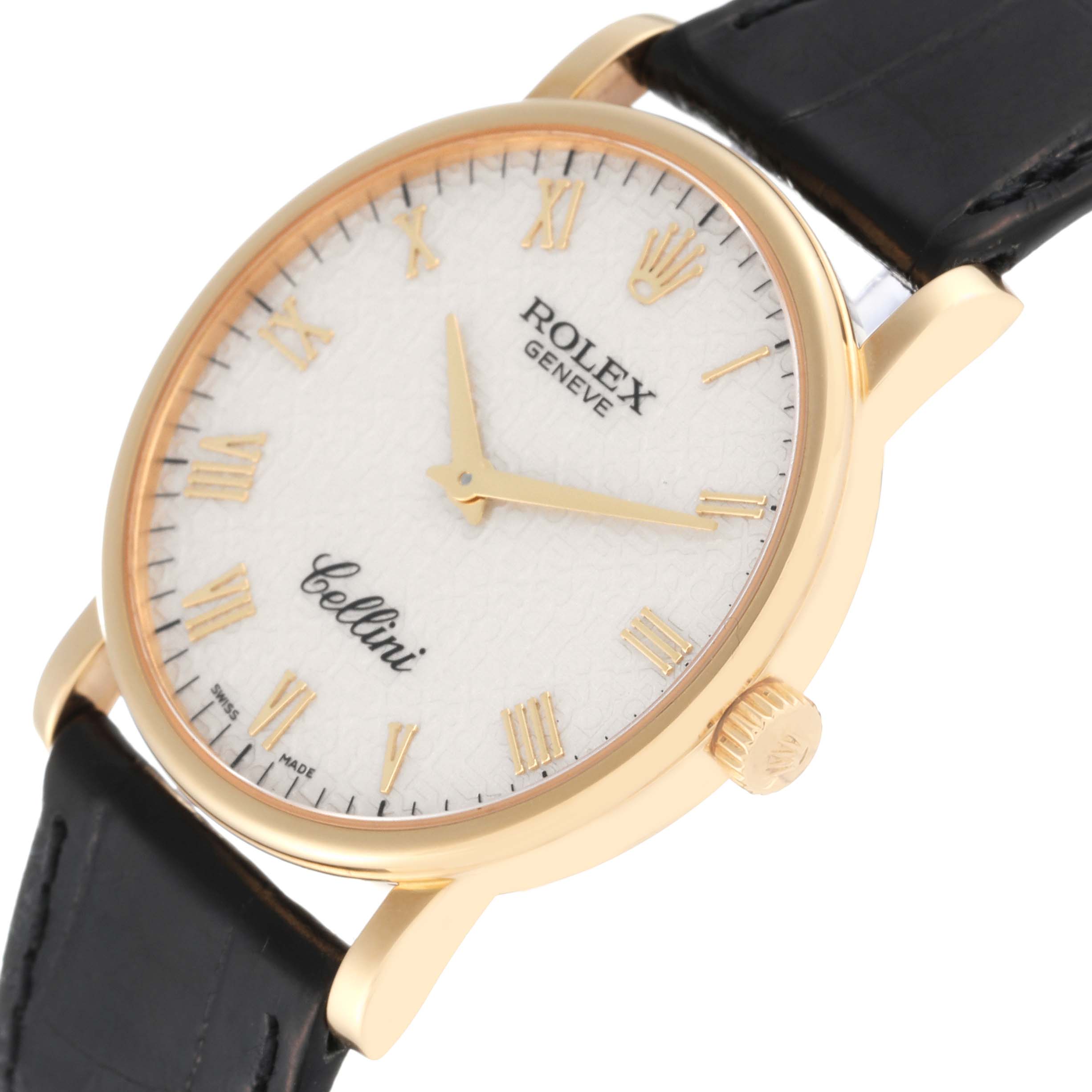 The Rolex Cellini 5115/8 Men's Yellow Gold White Dial 5115/8 Men's Yellow Gold White Dial watch is shown at an angle highlighting its face, crown, gold case, and black leather strap.