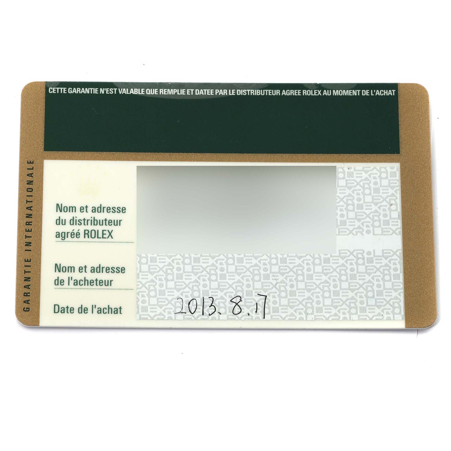 The image shows a Rolex Cellini 5115/8 Men's Yellow Gold White Dial 5115/8 Men's Yellow Gold White Dial international warranty card with sections for distributor and buyer information and the purchase date.