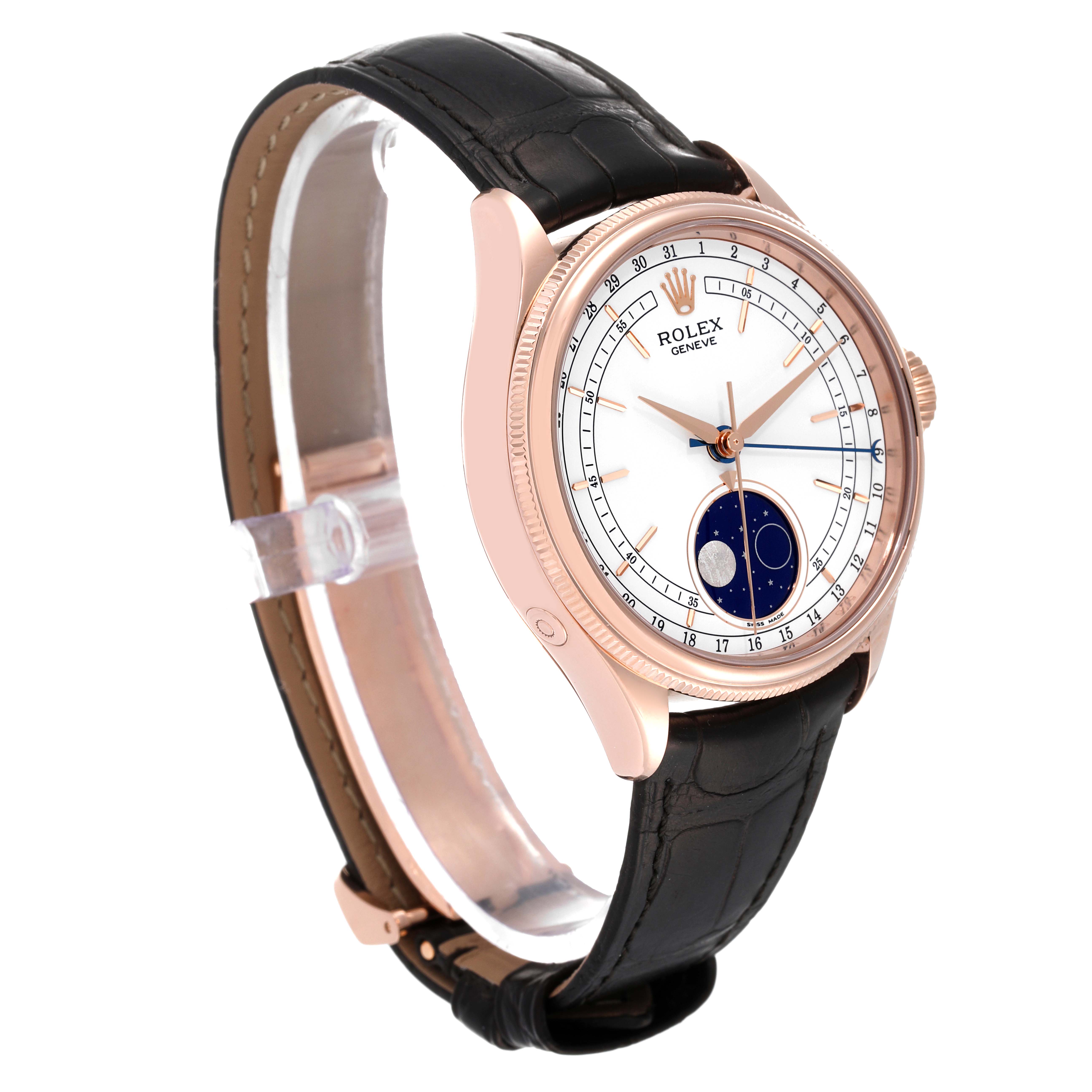 The image shows a side angle of the Rolex Cellini 50535 Men's Rose Gold White Dial 50535 Men's Rose Gold White Dial watch, highlighting its dial, case, crown, and leather strap.