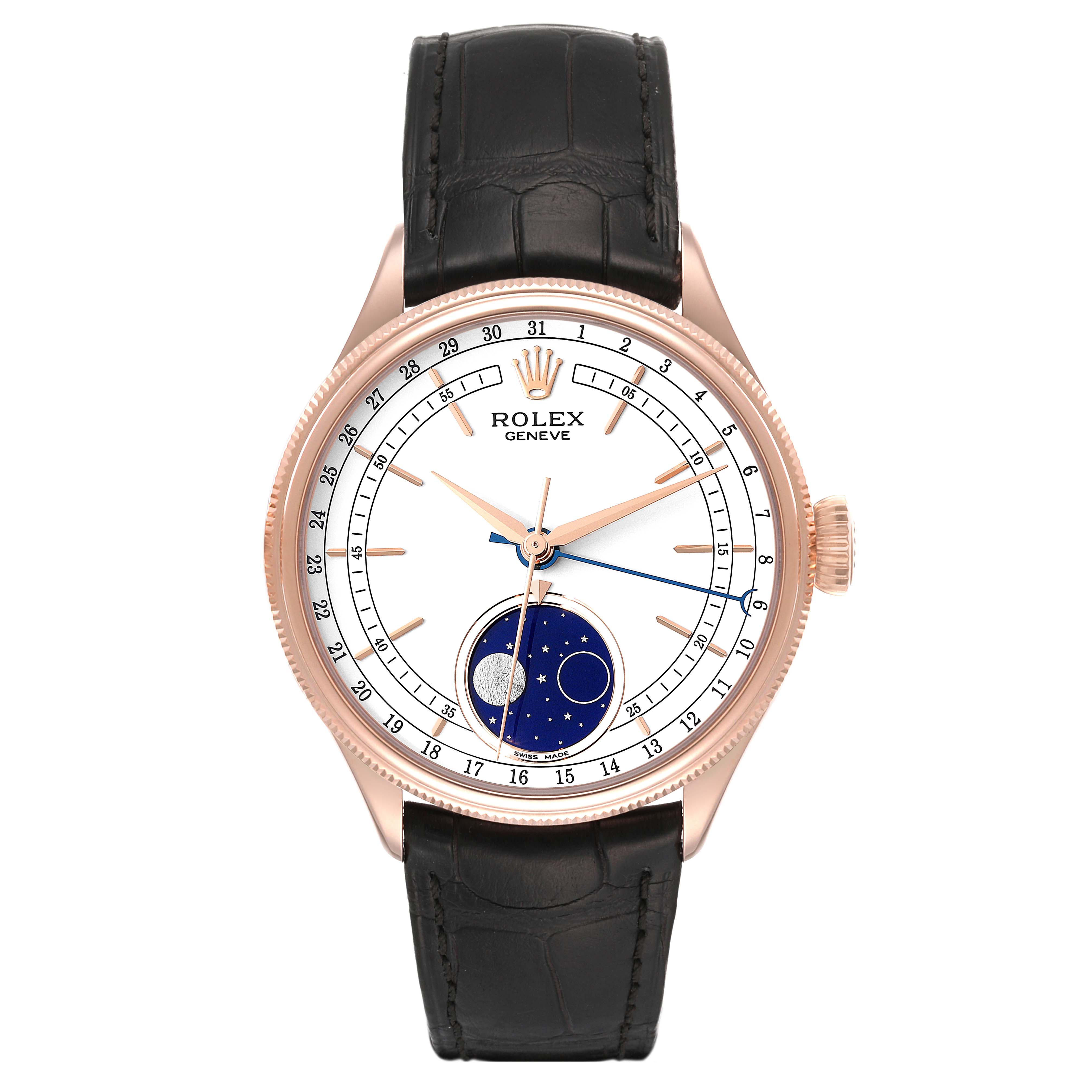 The image shows a front view of a Rolex Cellini 50535 Men's Rose Gold White Dial 50535 Men's Rose Gold White Dial watch with a black leather strap, rose gold case, and moonphase indicator.