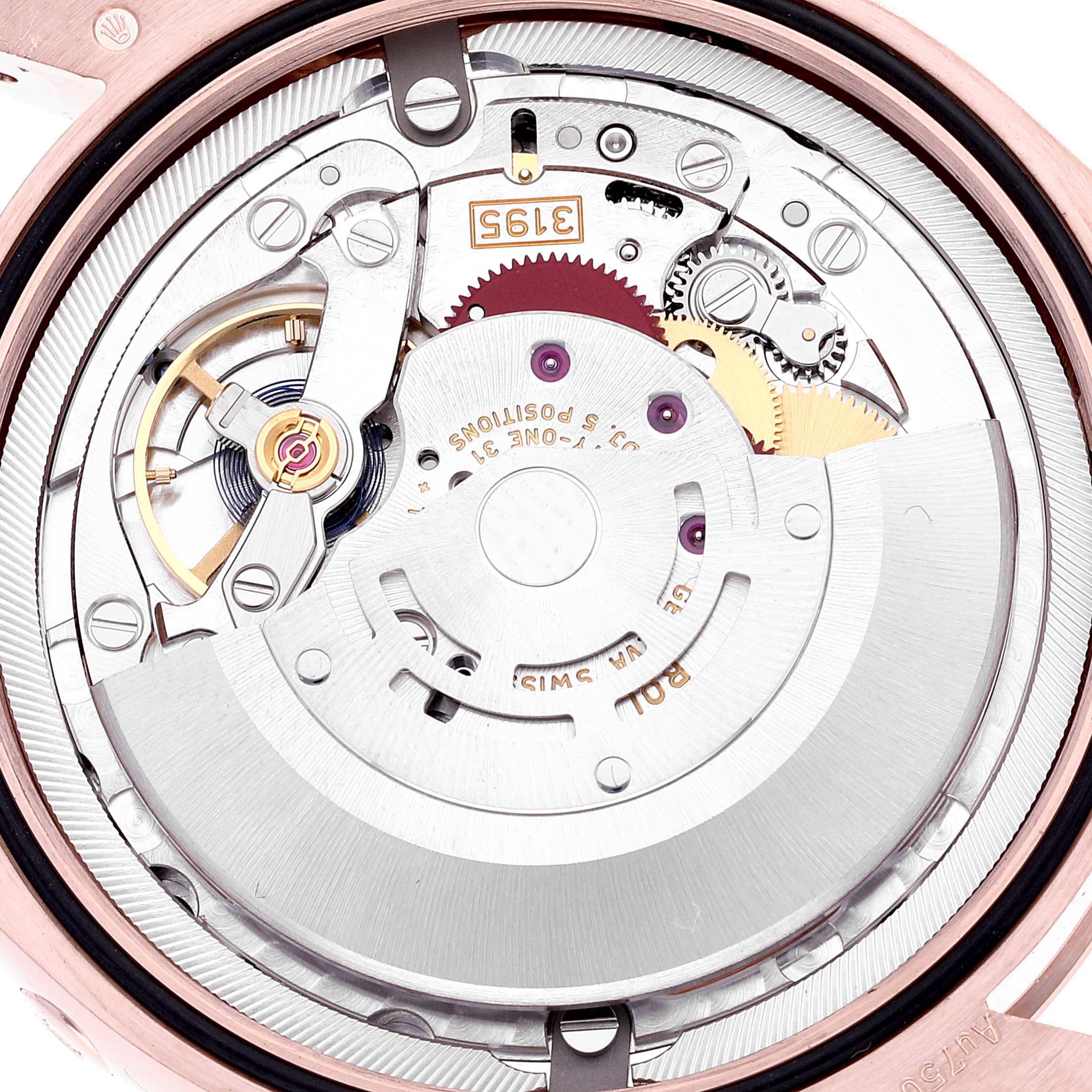 This image shows the internal movement mechanism of a Rolex Cellini 50535 Men's Rose Gold White Dial 50535 Men's Rose Gold White Dial watch from a top-down angle.