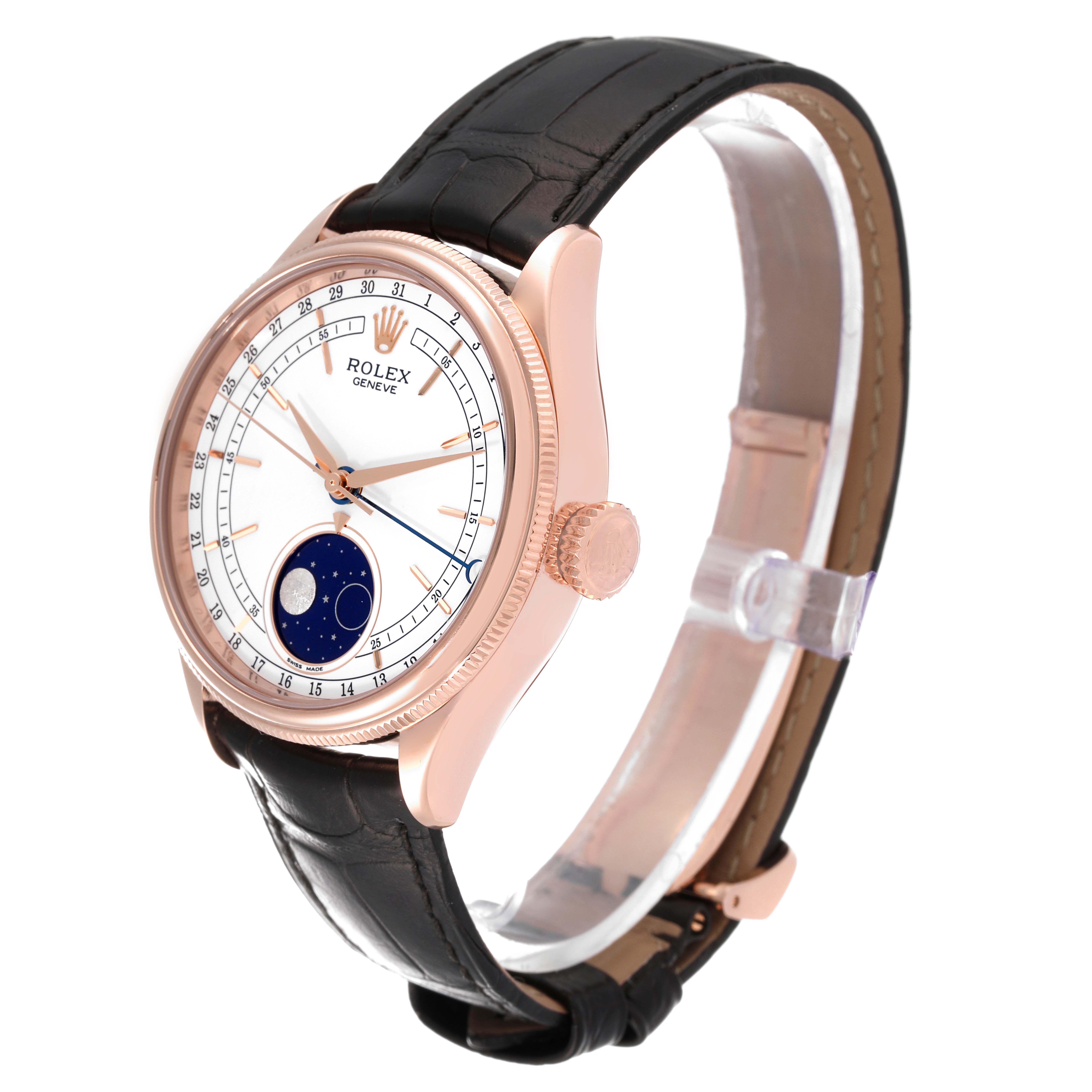 The image shows a side angle of a Rolex Cellini 50535 Men's Rose Gold White Dial 50535 Men's Rose Gold White Dial watch, highlighting its face, crown, and leather strap.
