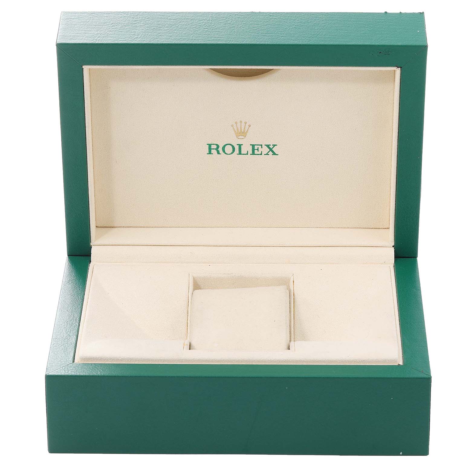 The image shows an open Rolex Cellini 50535 Men's Rose Gold White Dial 50535 Men's Rose Gold White Dial watch box with green exterior and beige interior, designed to hold the watch.
