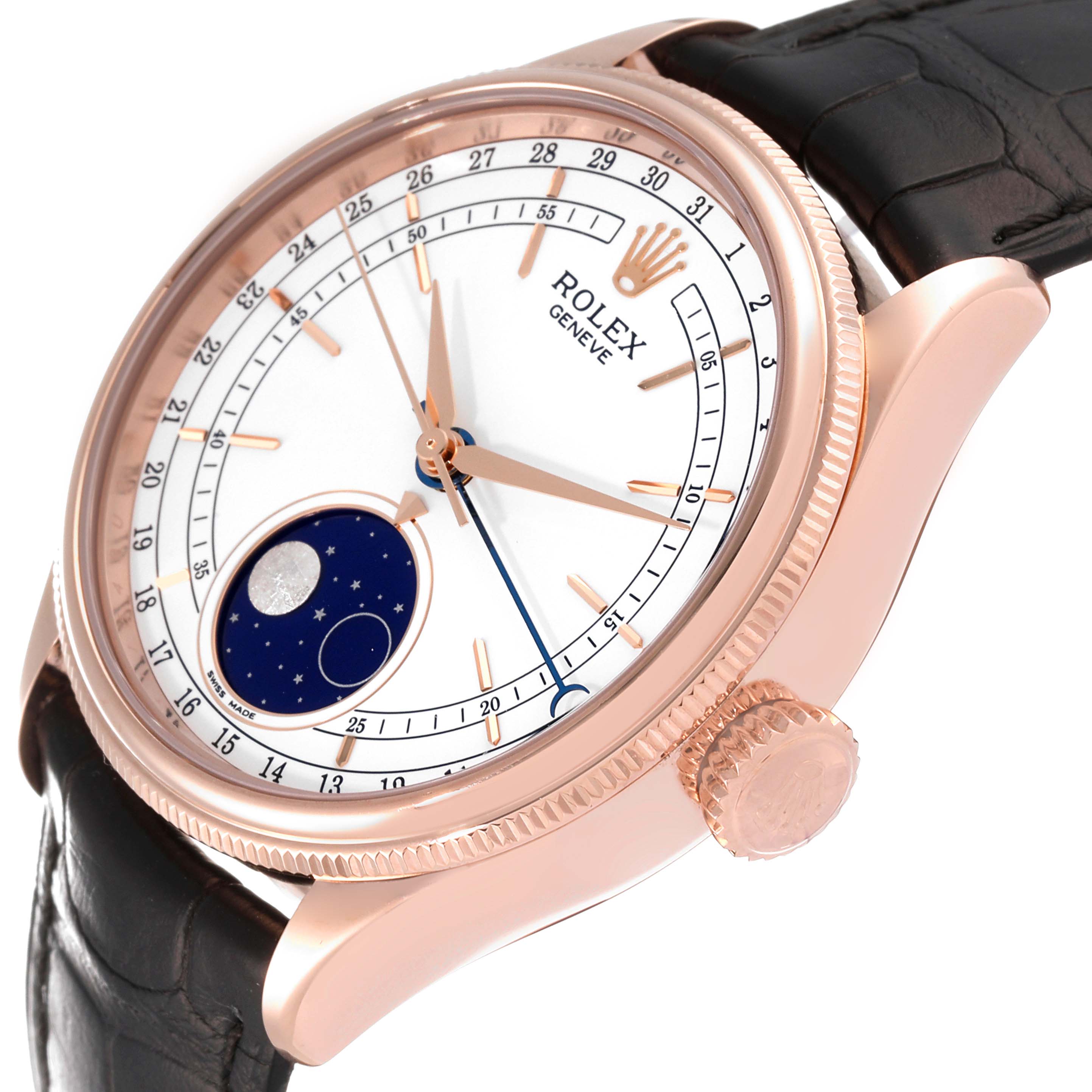 The Rolex Cellini 50535 Men's Rose Gold White Dial 50535 Men's Rose Gold White Dial watch is shown at a three-quarter angle, displaying the face, rose gold case, moonphase sub-dial, and black leather strap.